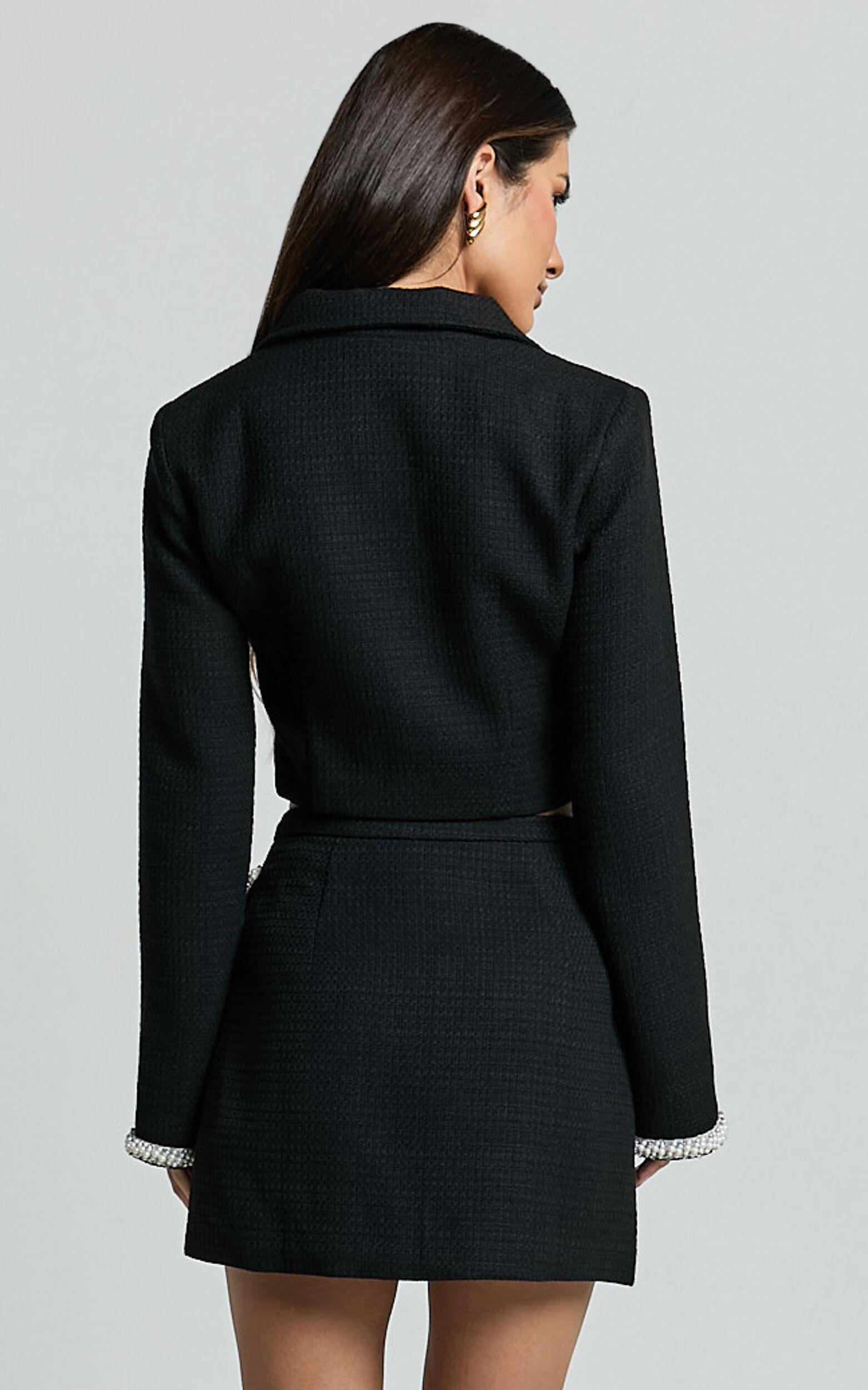 Donatella Mini Skirt - Boucle Pearl Trim Side Split Mini Skirt in Black Product Image