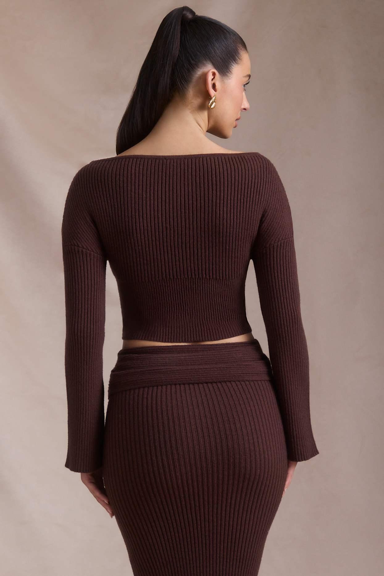 Ribbed-Knit Slash-Neck Top in Espresso Product Image