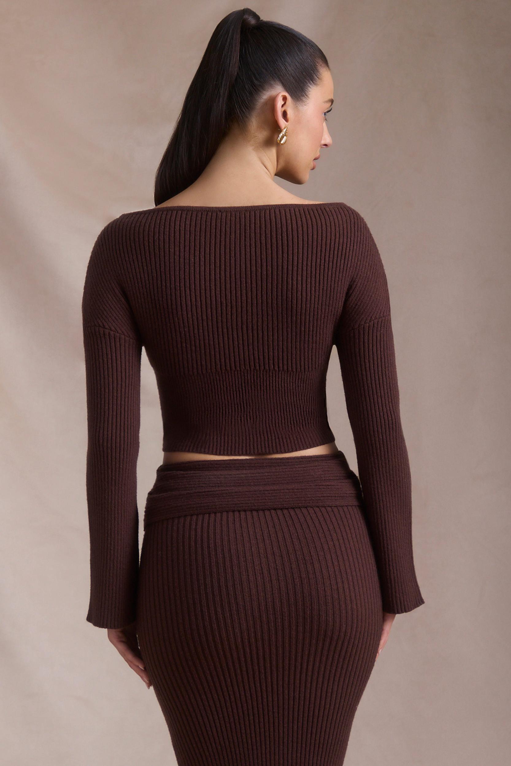 Ribbed-Knit Slash-Neck Top in Espresso Product Image