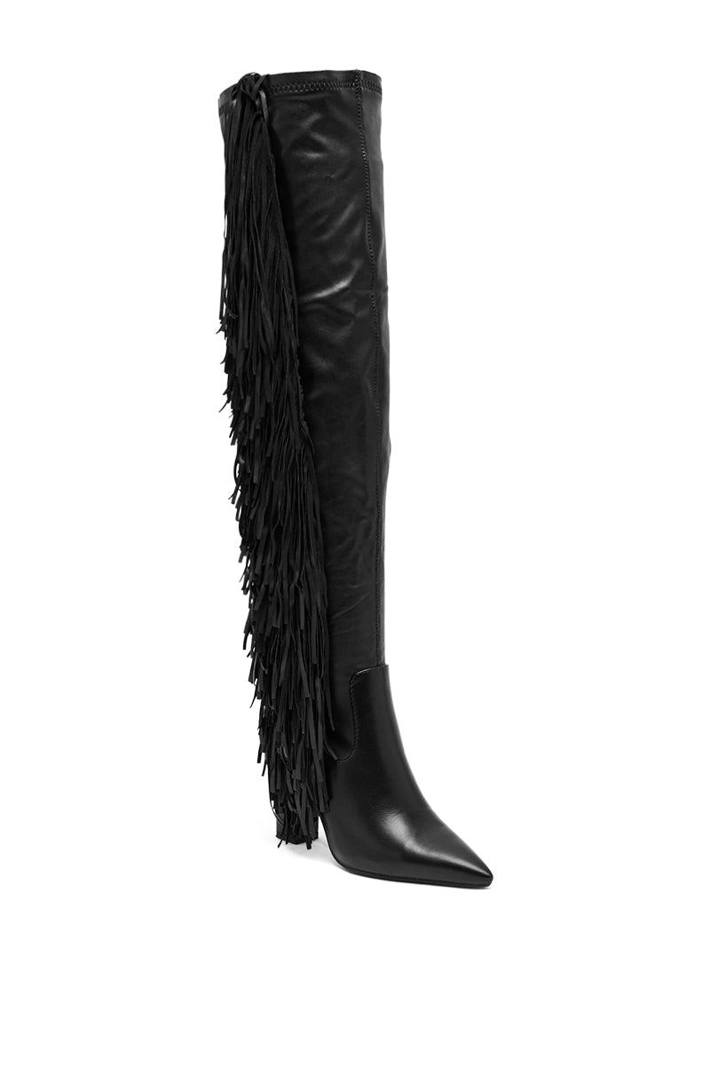 AZALEA WANG KATRICIA BLACK FRINGE CHUNKY BOOT Product Image