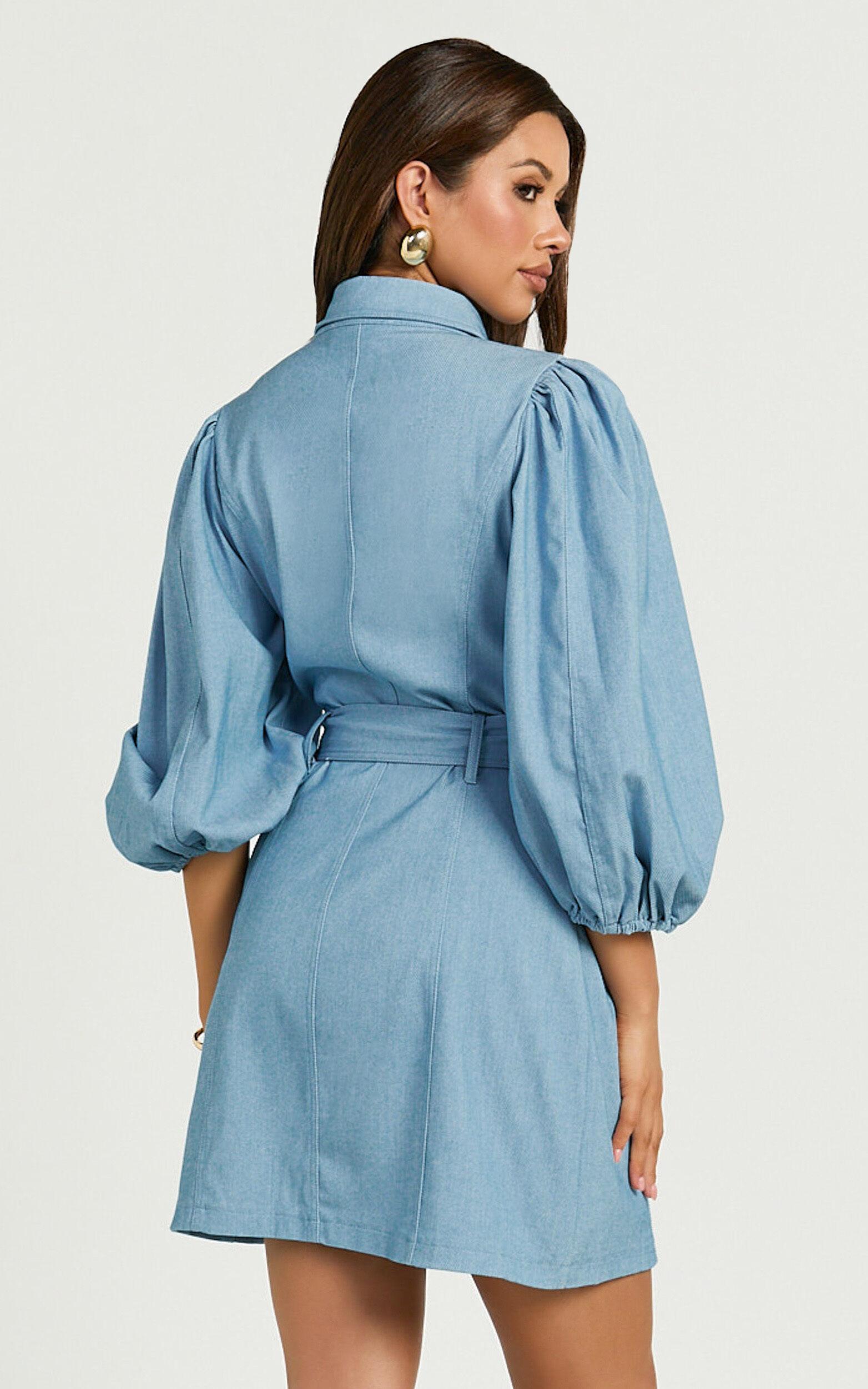 Aubrie Mini Dress - Blouson Sleeve Button Through Belted Dress with Hardware Detail in Light Blue Product Image
