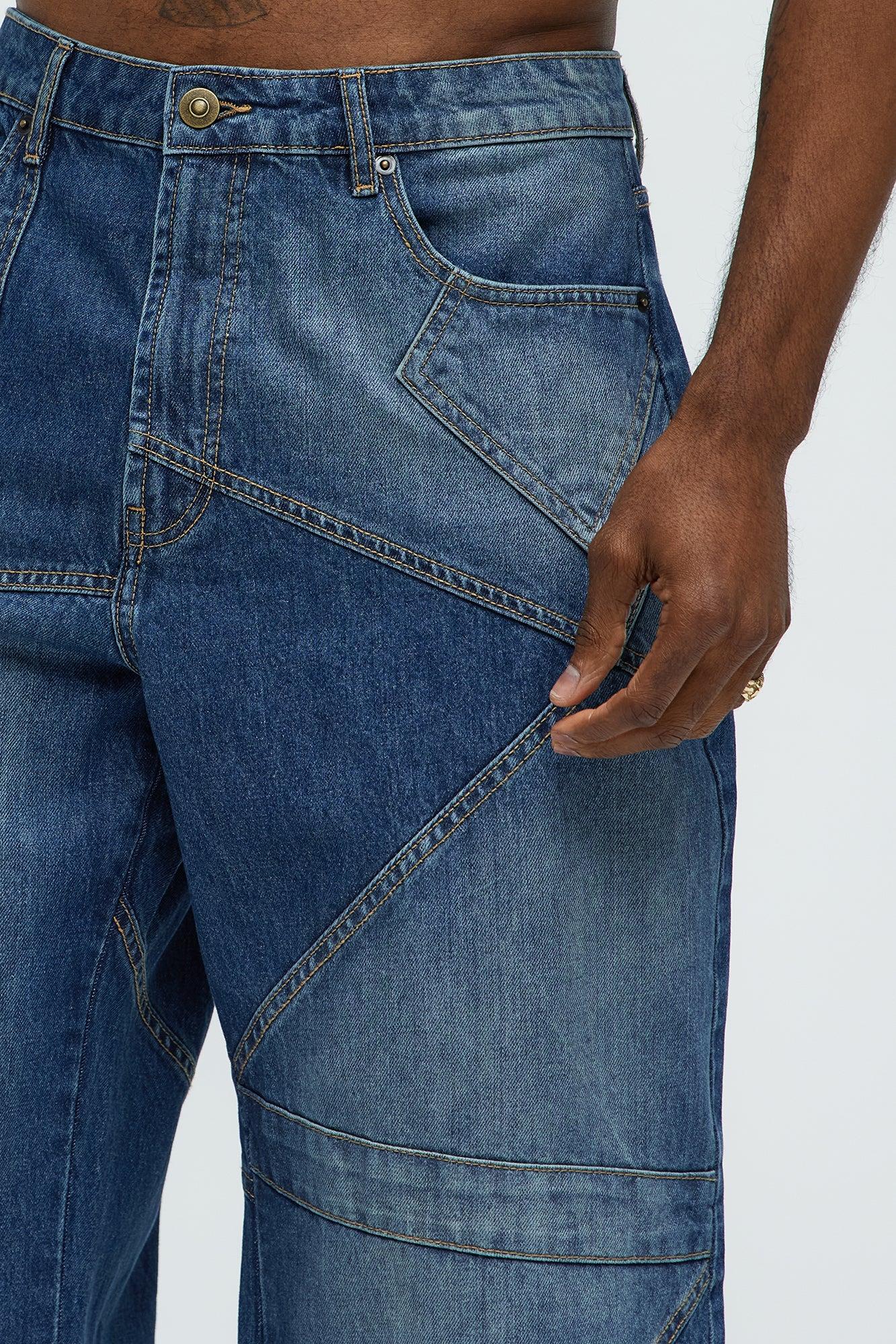 Tonal Patchwork Baggy Jeans - Medium Wash Product Image