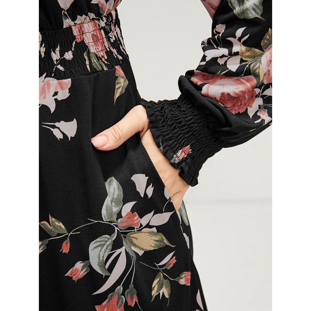 Plus Size Floral Print V Neck Pocket Shirred Arc Hem Dress Black Women Elegant Arc Hem V-neck Long Sleeve Curvy Long Dress BloomChic 12/L Product Image