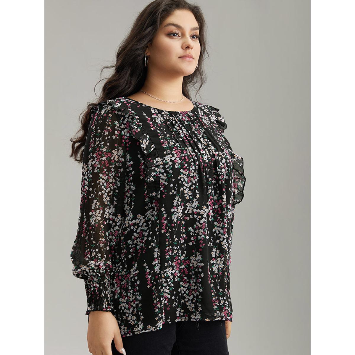Plus Size Black Ditsy Floral Chiffon Ruffles Shirred Pleated Mesh Blouse Women Elegant Long Sleeve Round Neck Dailywear Blouses BloomChic 14-16/1X Product Image