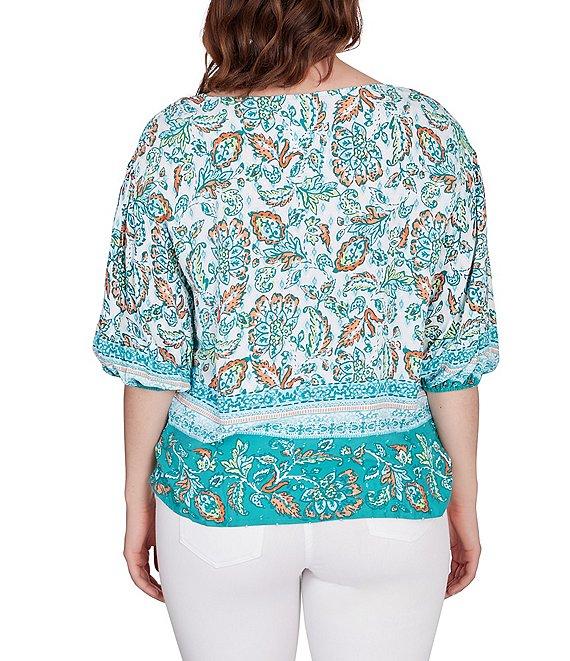 Ruby Rd. Woven Swiss Print Split Round Neck 3/4 Sleeve Top Product Image