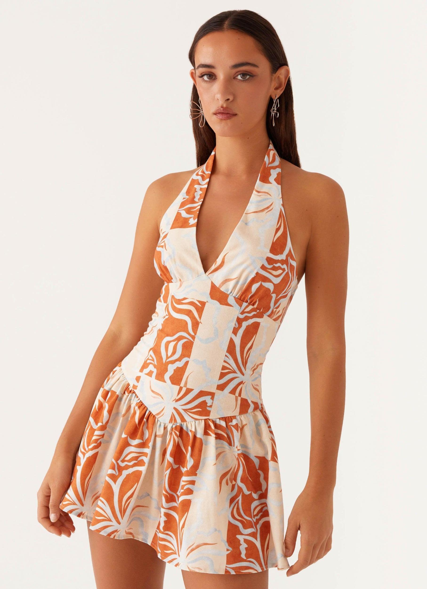 Sunset Ballad Linen Mini Dress - Orange Blue Floral Product Image