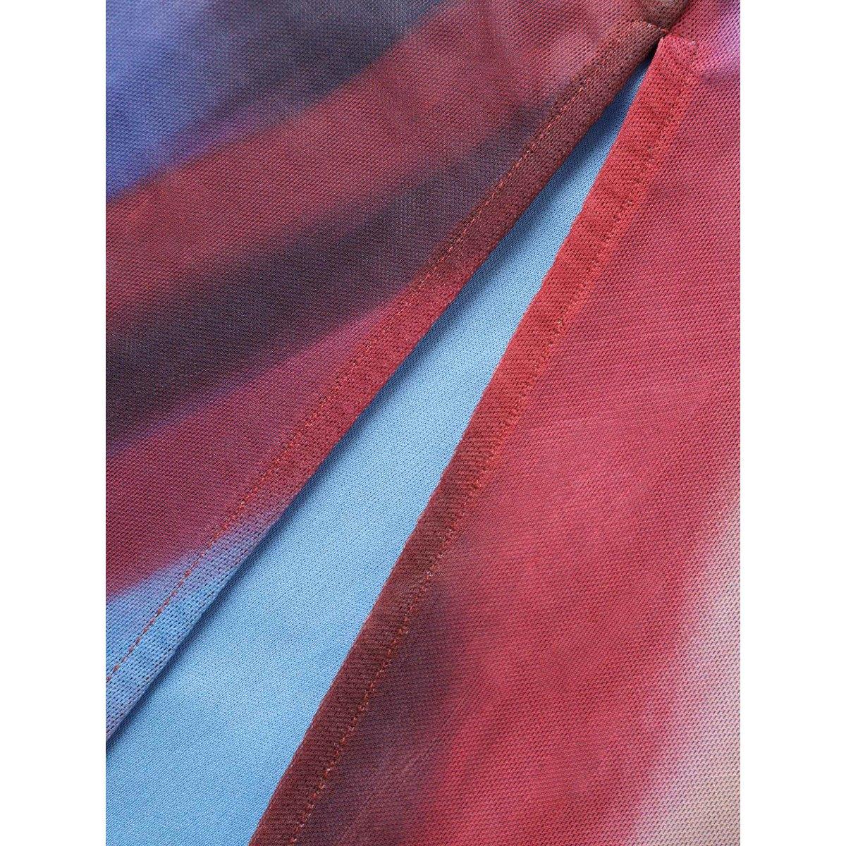 Plus Size Tie Dye Woven Ribbon Split Hem Maxi Dress Multicolor Women Elegant Woven ribbon&lace trim V-neck Short sleeve Curvy BloomChic 14-16/1X Product Image