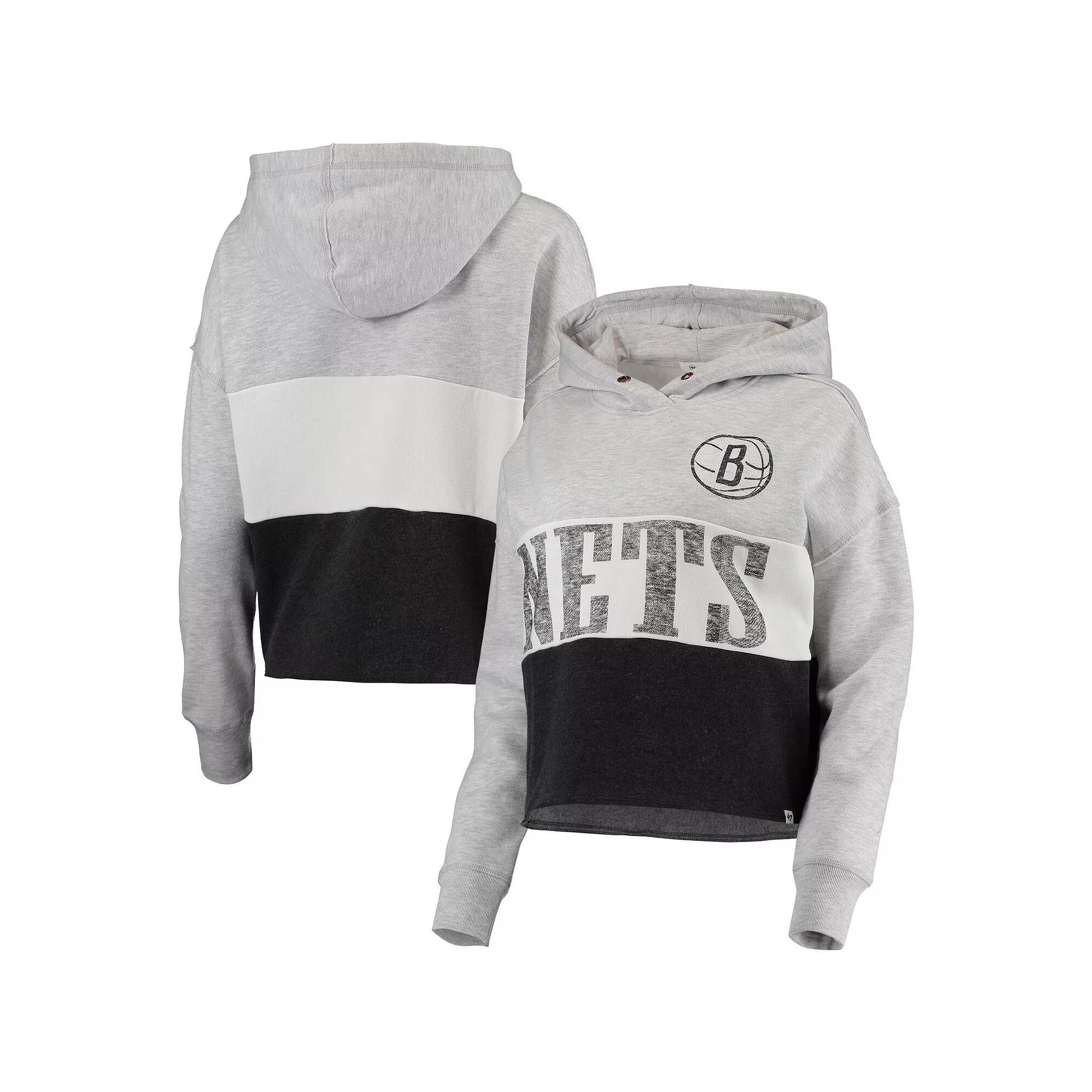 Women's '47 Heathered Gray/Heathered Black Brooklyn Nets Lizzy Cutoff Pullover Hoodie,  Product Image