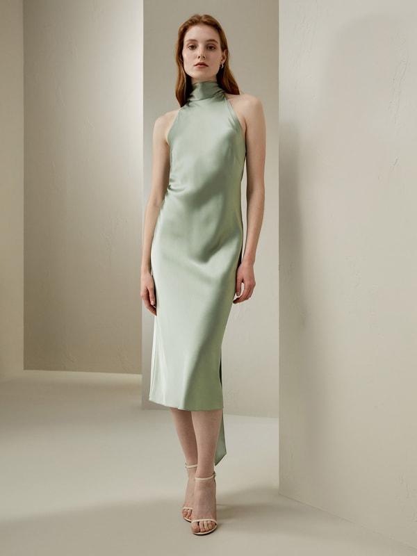 LILYSILK Women's Silk Charmeuse Elegant Halter Neck Open Back Dress Aqua Green 0 Product Image