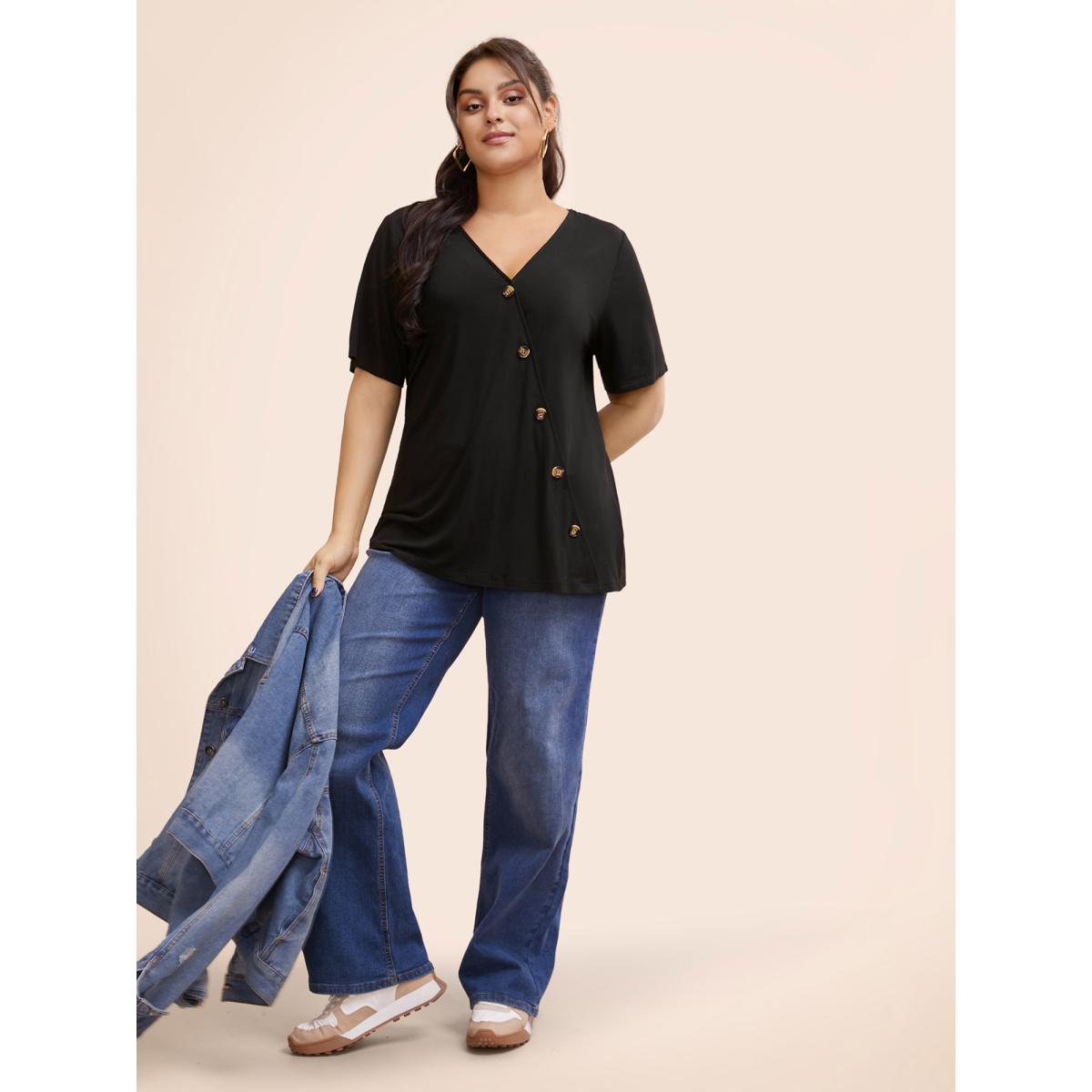 Plus Size Plain V Neck Button Detail Flutter Sleeve T-shirt Black Women Casual Plain Plain V-neck Dailywear T-shirts BloomChic 30/6X Product Image