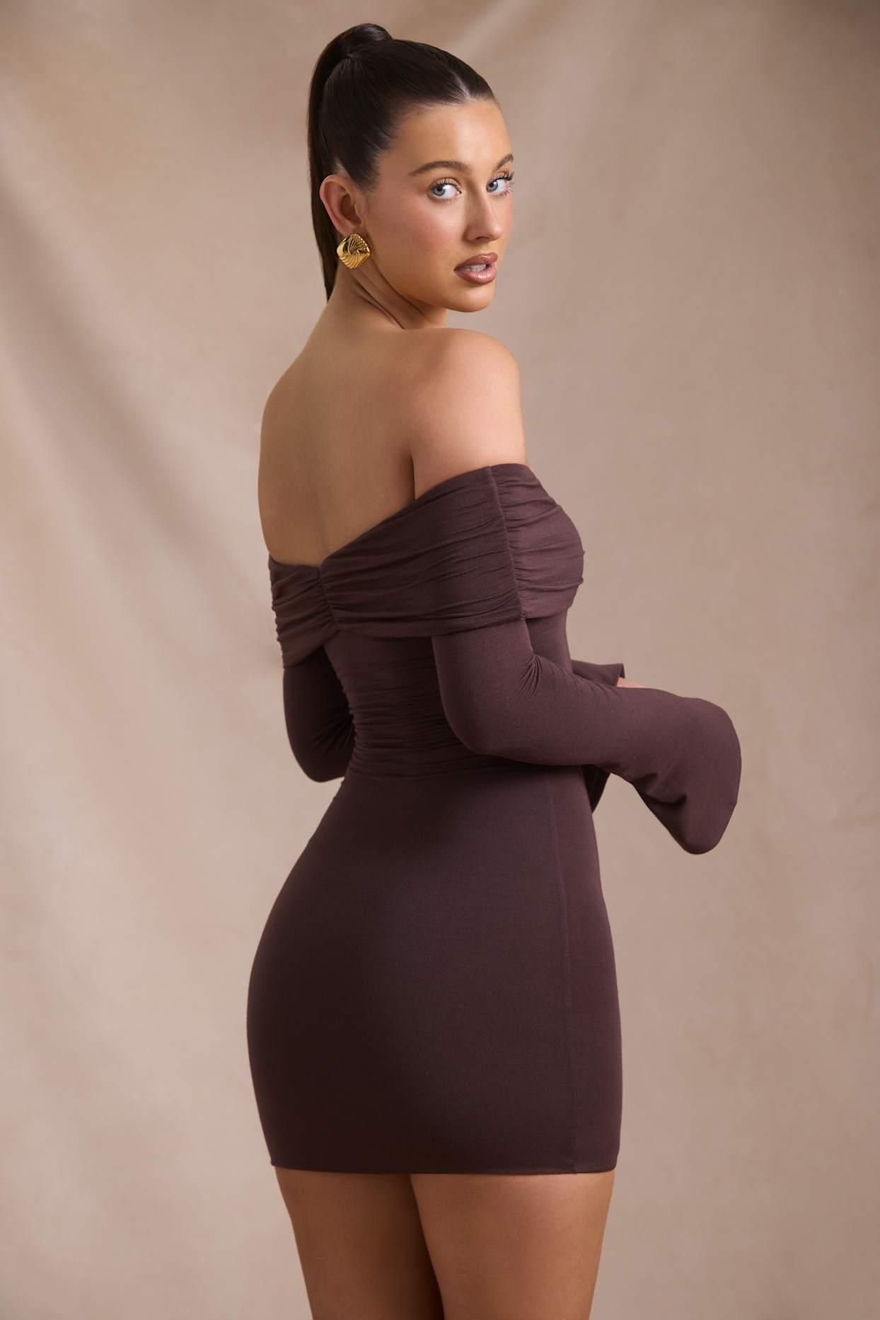 Modal-Cashmere Blend Off-Shoulder Ruched Mini Dress in Espresso Product Image