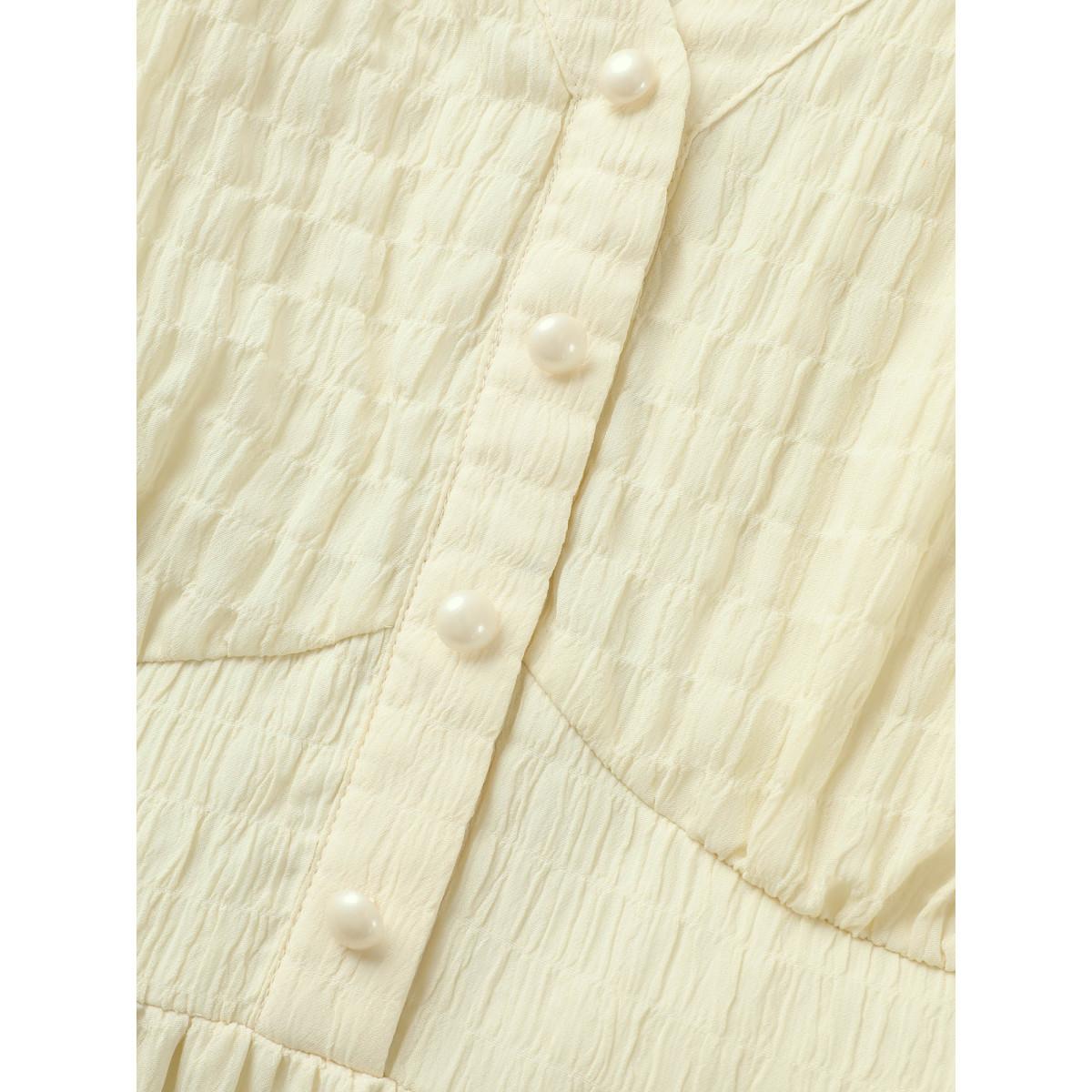 Plus Size V Neck Solid Textured Button Detail Dress Apricot Women Elegant Button V-neck Short sleeve Curvy BloomChic 10/M Product Image