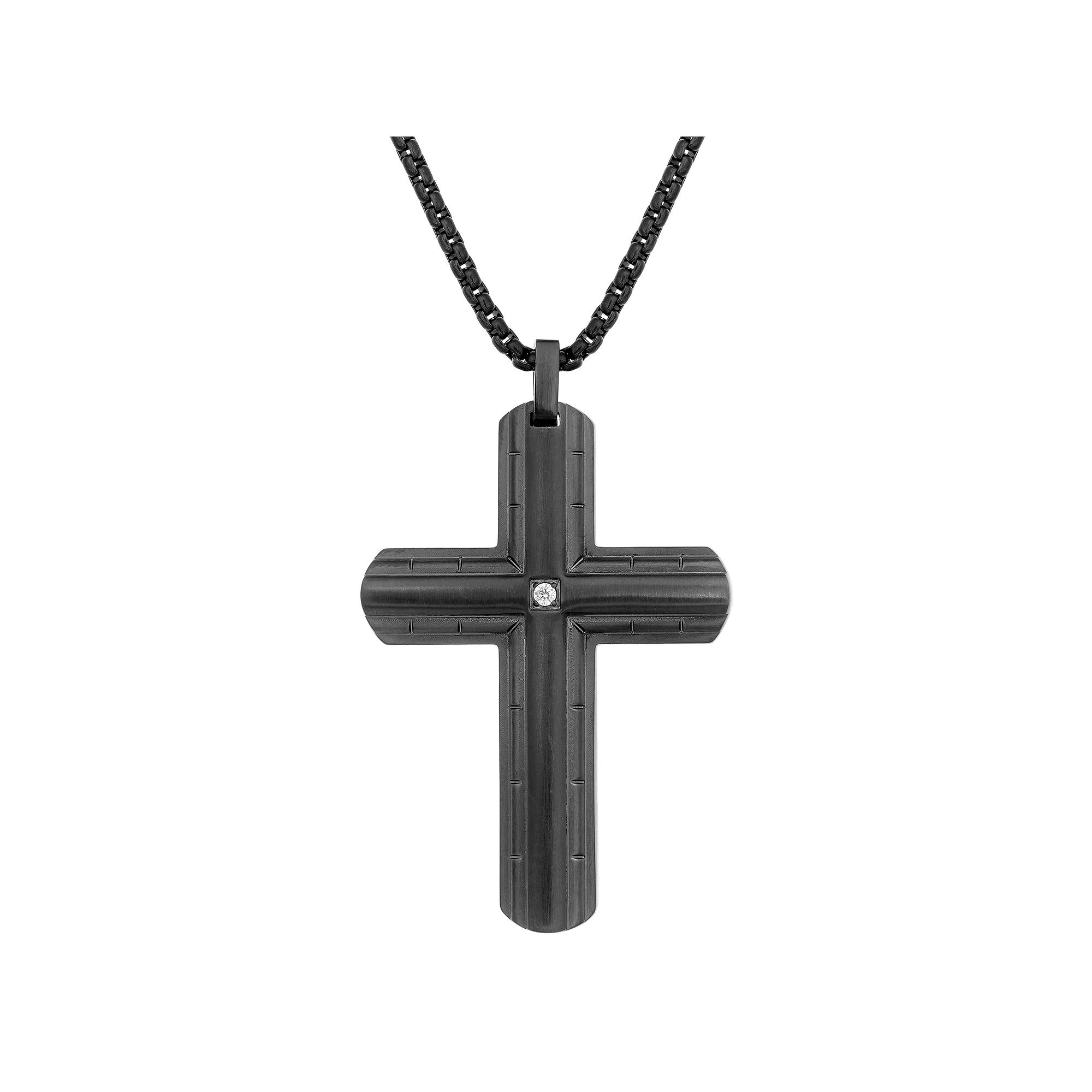 LYNX Men's Stainless Steel Diamond Accent Cross Pendant, Size: 24", Black Product Image