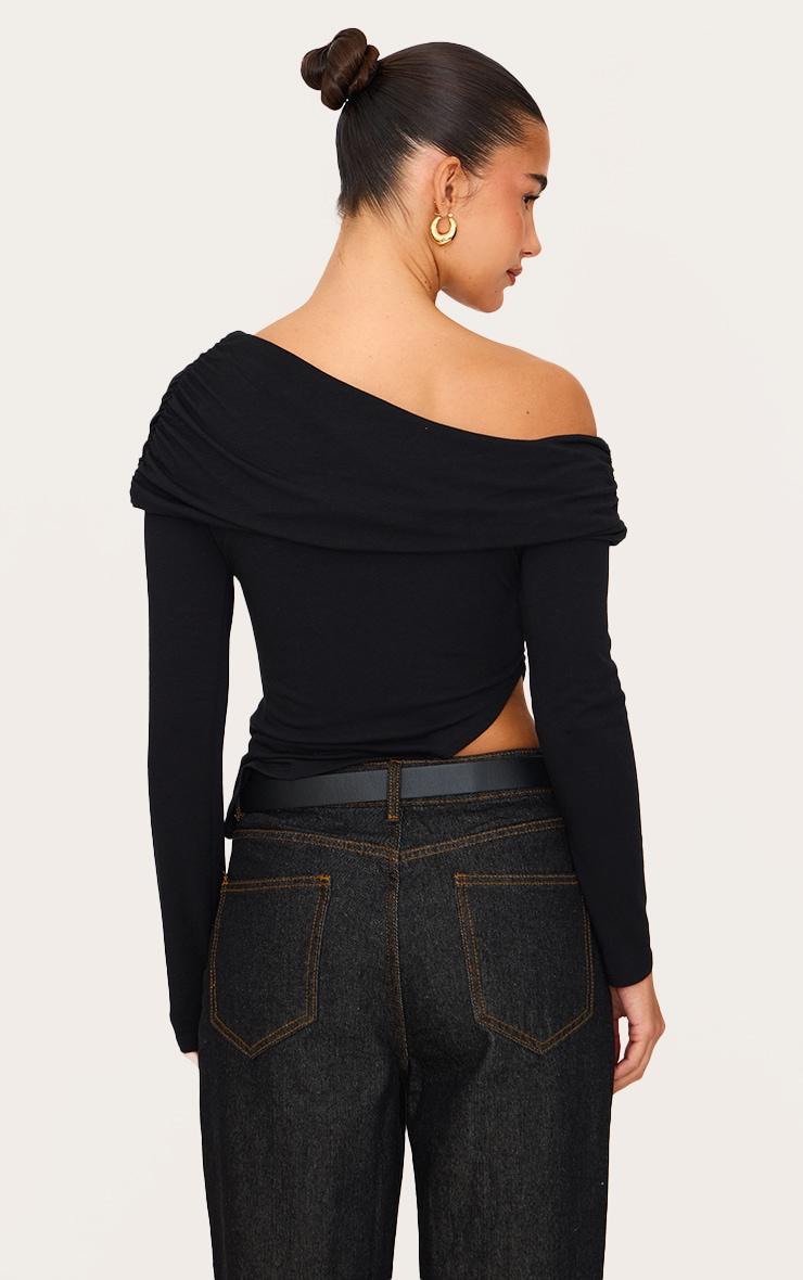 Black Contour Jersey Fold Over Detail Bardot Long Sleeve Top Product Image