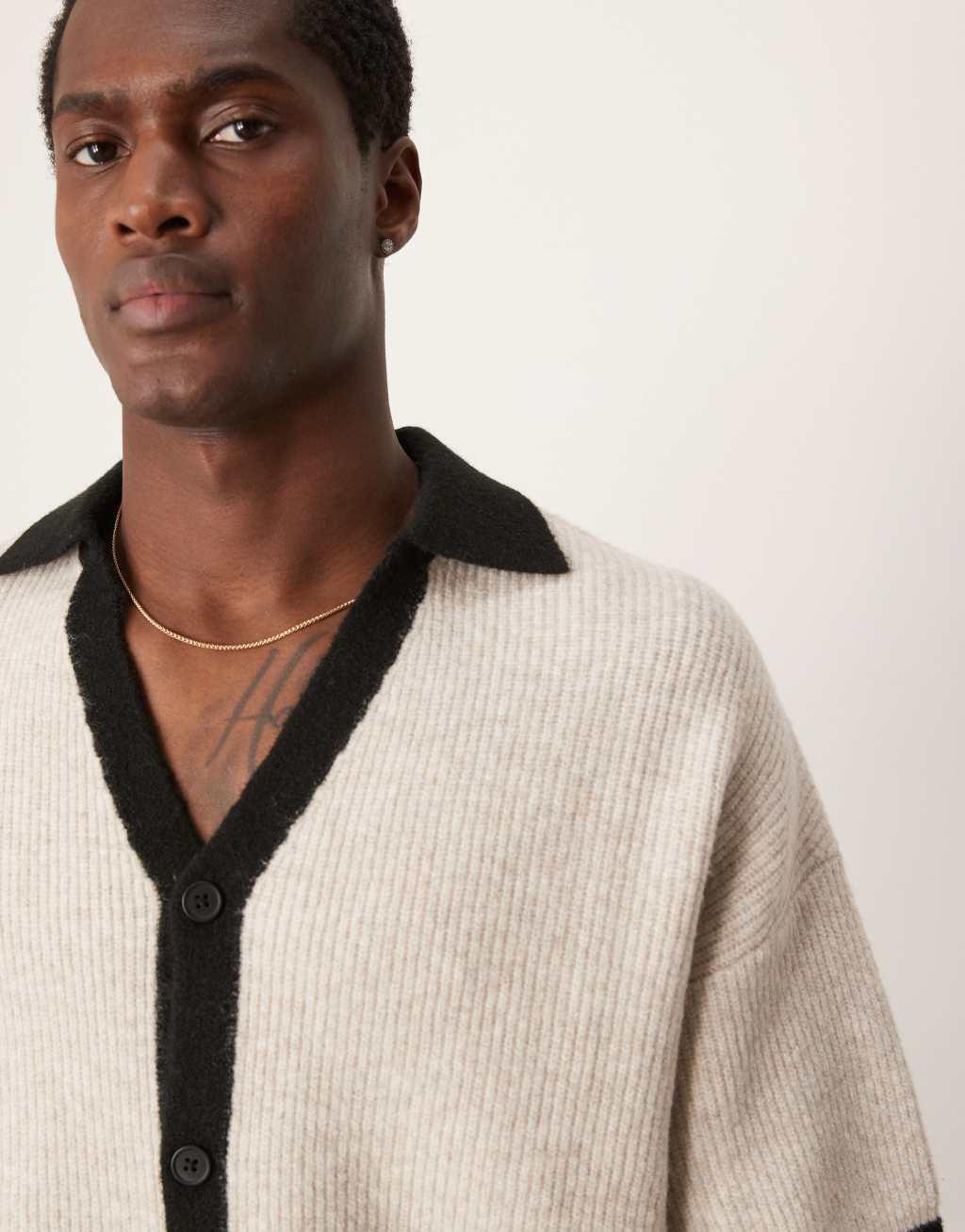 ASOS DESIGN relaxed knit button through polo in ecru with contrast seams Product Image