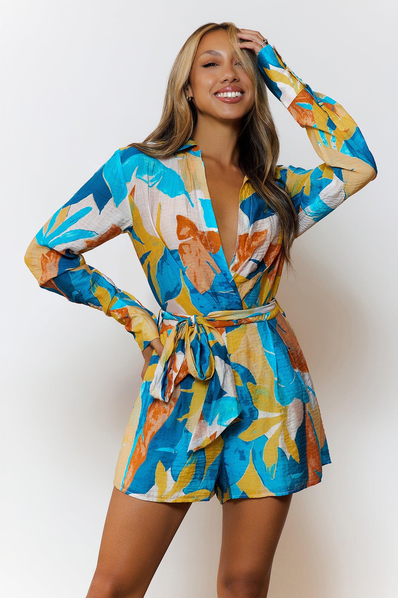 Tropic Tempo Long Sleeve Romper Teal Product Image