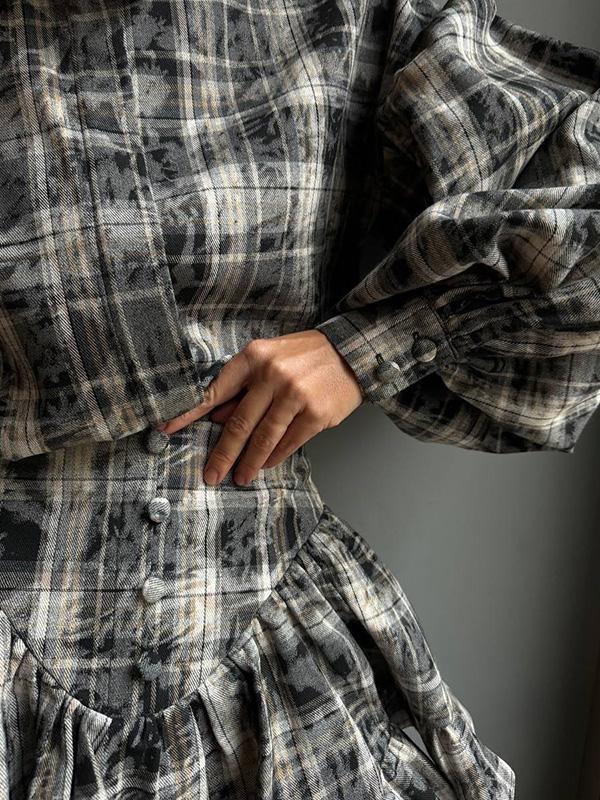 Loose Plaid Puff Sleeves Split-Joint Lapel Blouse + Pleated Ruffled Miniskirts Two Pieces Set Product Image