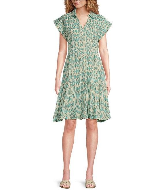 ELAN Printed Collared V-Neck Cuffed Cap Sleeve Button Front A-Line Dress Product Image