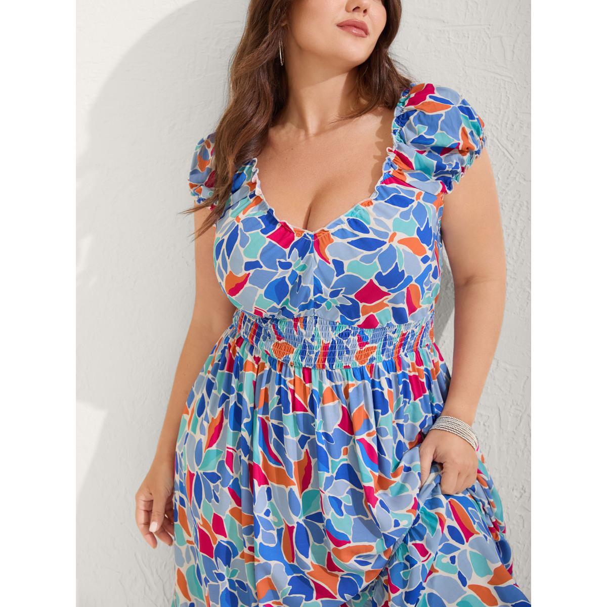 Plus Size Floral Abstract Shirred Waist Midi Dress Bluepurple Women V-neck Cap Sleeve Curvy BloomChic 14-16/1X Product Image