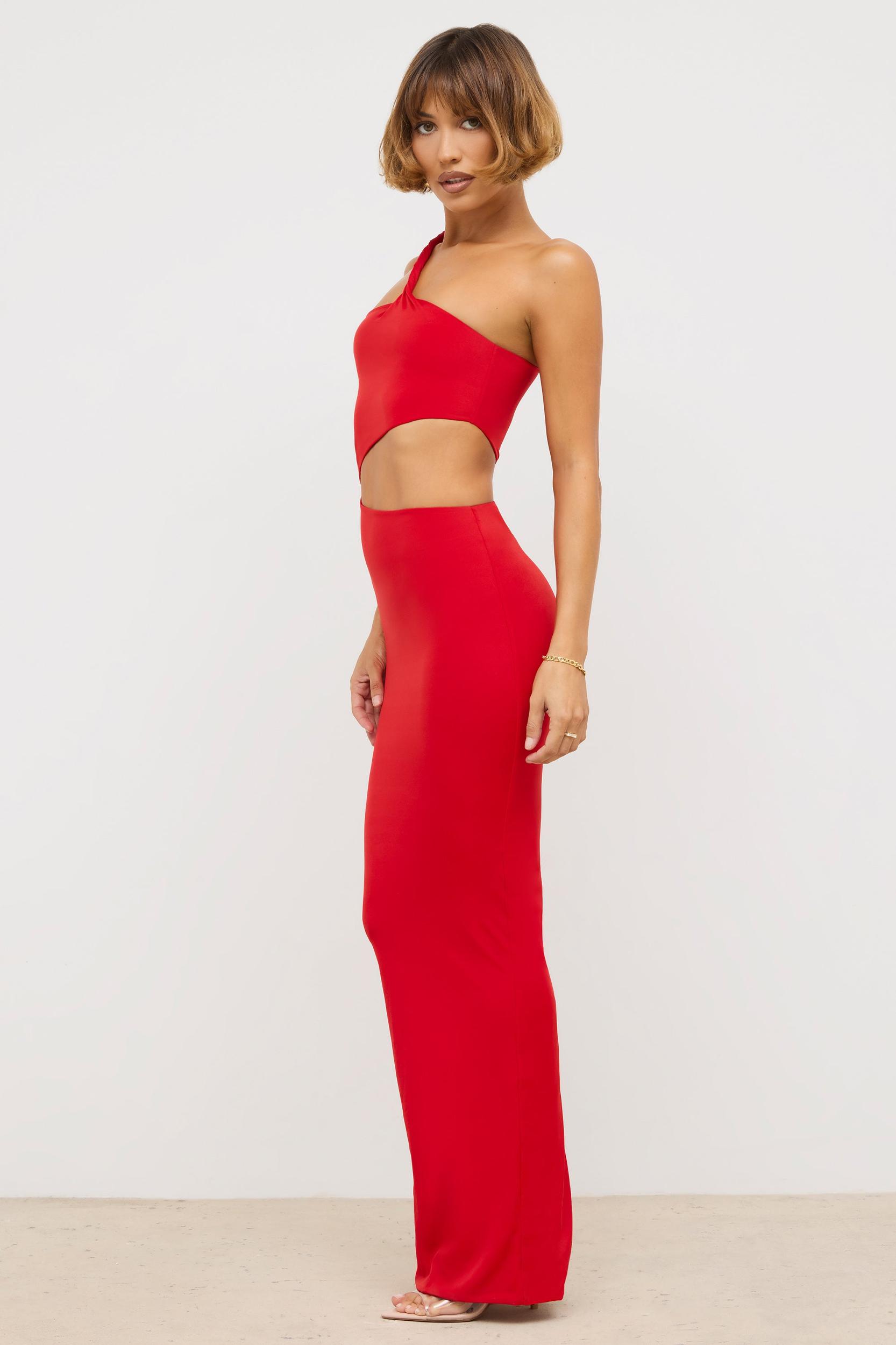 Premium Jersey Asymmetric Cut Out Maxi Dress  in Scarlet Red Product Image