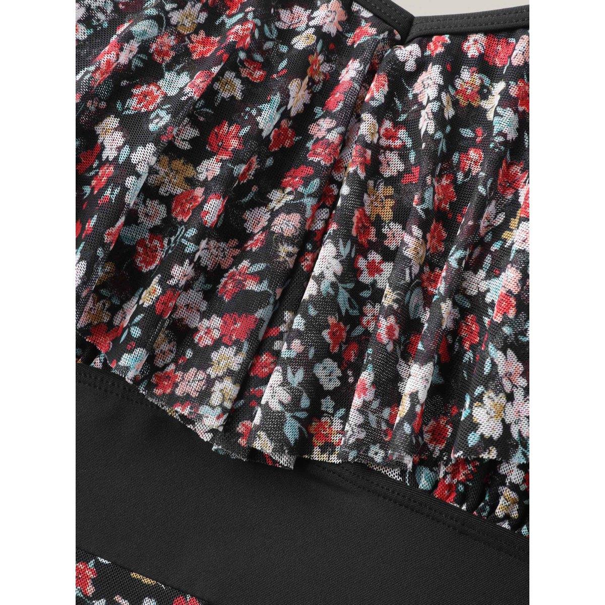 Plus Size Floral Print Mesh Cold-Shoulder Swim Dress Women's Swimwear Black Beach Bodycon One-shoulder neck High stretch Curve Swim Dresses BloomChic 14-16/1X Product Image