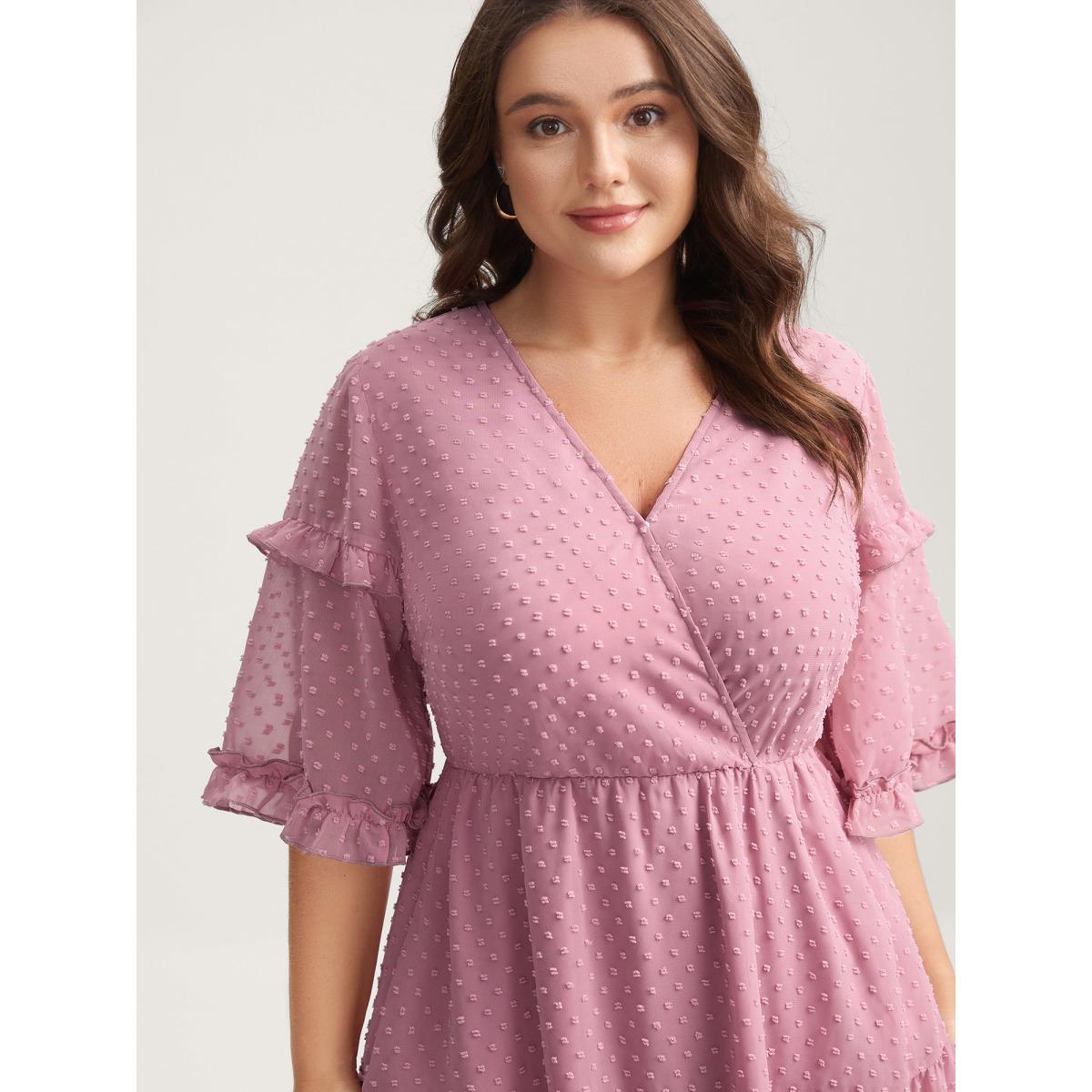 Plus Size Textured Ruffled Trim Surplice Midi Dress Watermelon Women Overlap Collar Half Sleeve Curvy BloomChic 14-16/1X Product Image