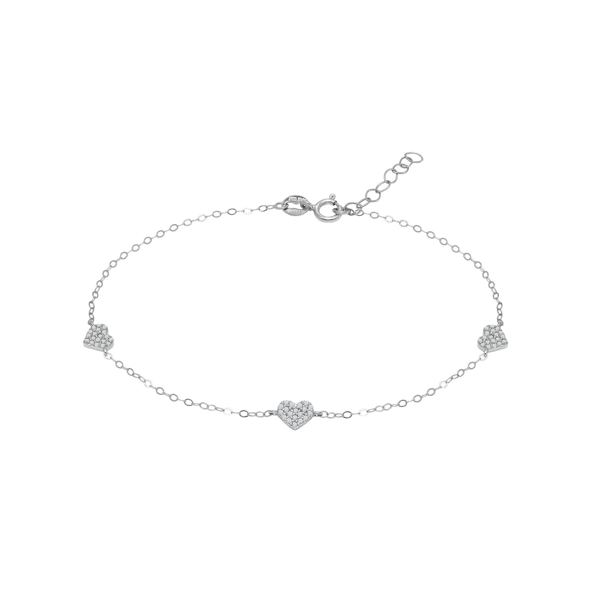 Aleure Precioso Sterling Silver Cubic Zirconia Heart Station Anklet, Women's, Size: 9", White Product Image