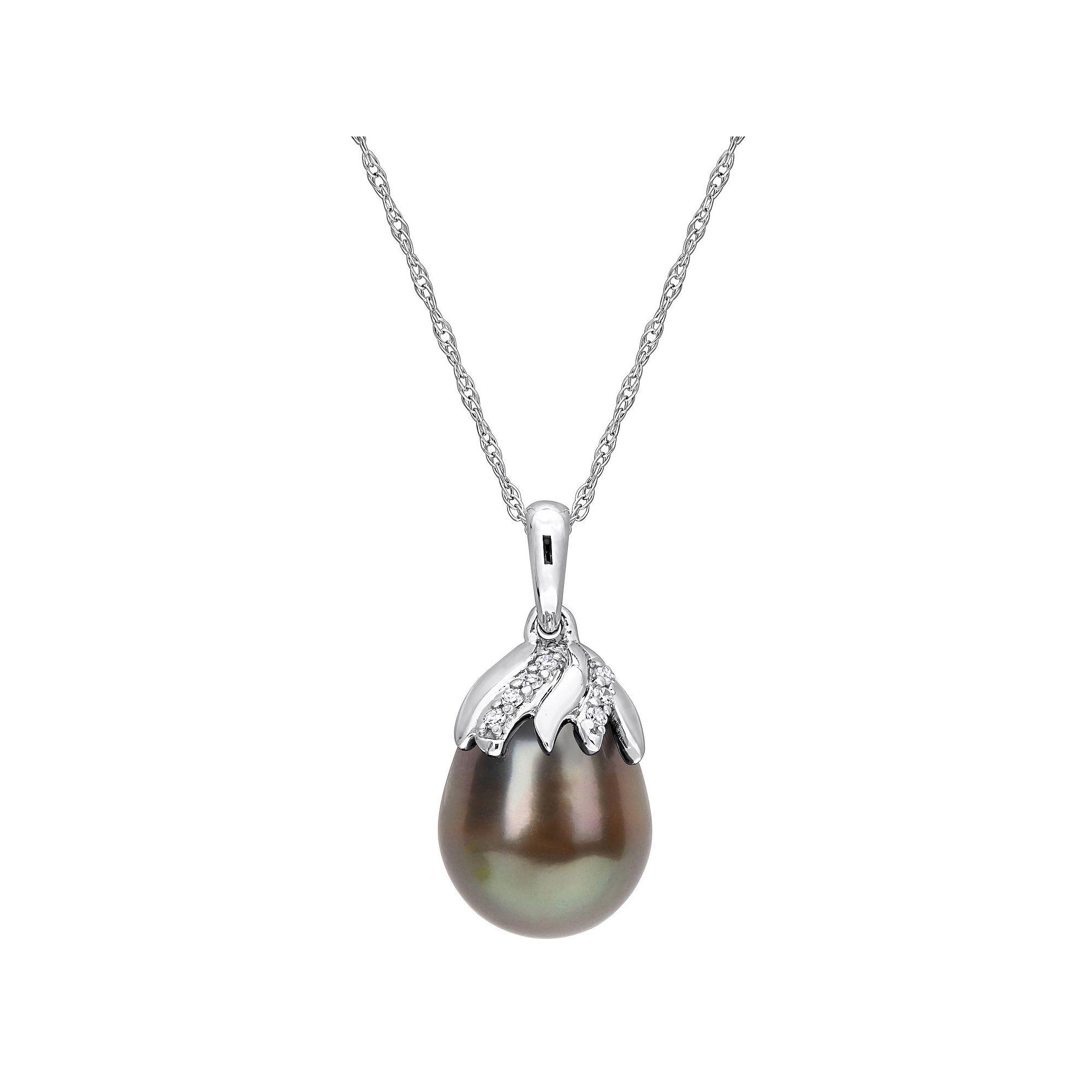 Stella Grace 14k White Gold Tahitian Cultured Pearl & Diamond Accent Drop Pendant Necklace, Women's, Size: 17" Product Image