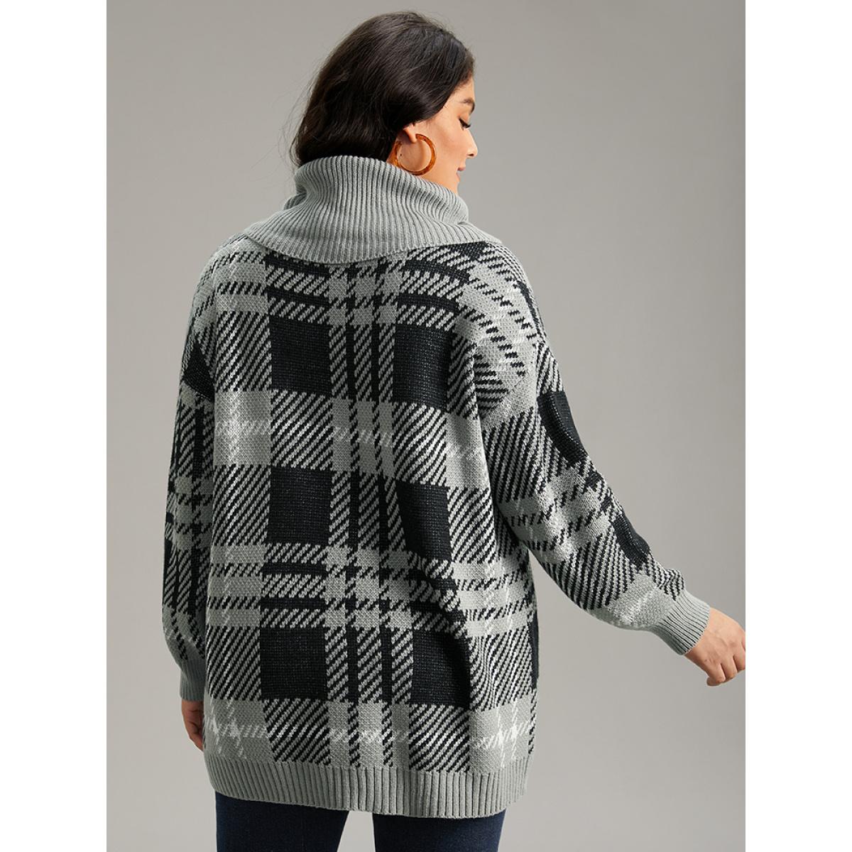 Plus Size Plaid Turtle Neck Drop Shoulder Pullover Multicolor Women Casual Loose Long Sleeve Turtleneck Dailywear Pullovers BloomChic 26/4X Product Image