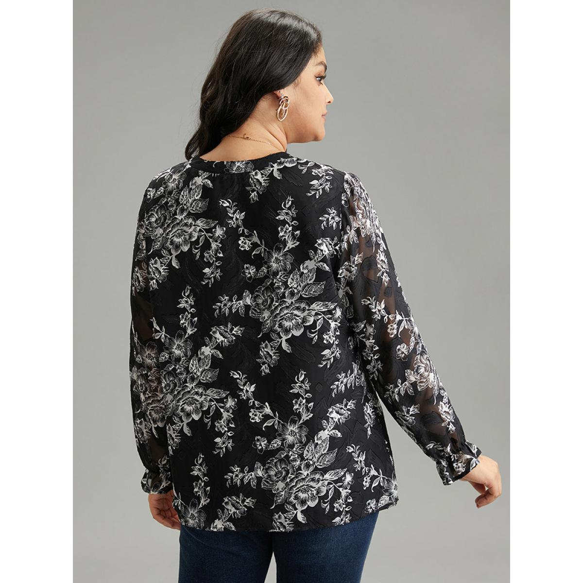 Plus Size Black Silhouette Floral Print Mesh Chiffon Blouse Women Elegant Long Sleeve Notched collar Everyday Blouses BloomChic 28/5X Product Image