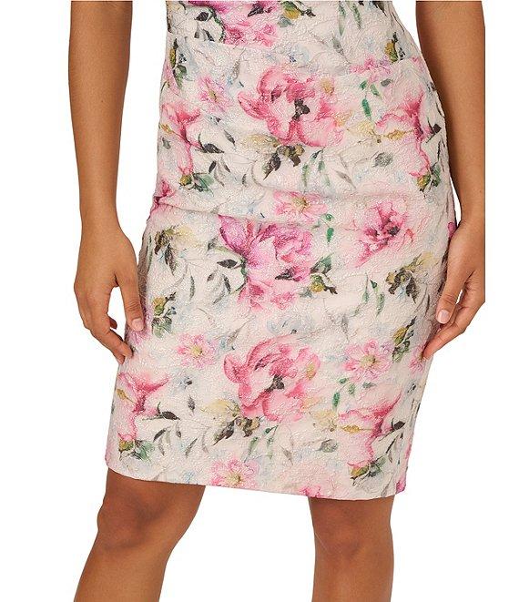 Adrianna Papell Jacquard Floral Print Asymmetrical Neck Sleeveless Sheath Mini Dress Product Image
