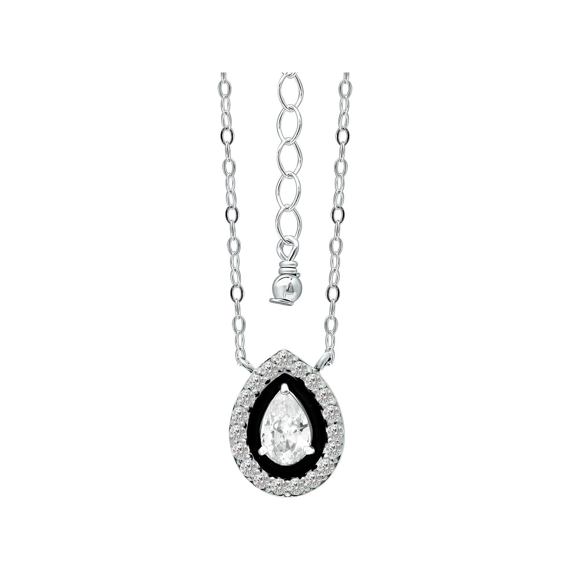 Aleure Precioso Sterling Silver Enamel & Cubic Zirconia Pear Shaped Halo Necklace, Women's, Size: 16", Black Product Image