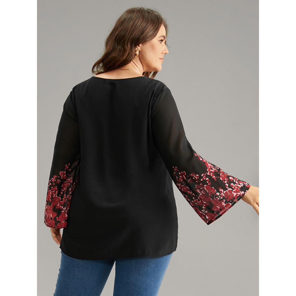 Plus Size Black Boho Print Pleated Mesh Ruffle Sleeve Blouse Women Vacation Long Sleeve Round Neck Dailywear Blouses BloomChic 14-16/1X Product Image