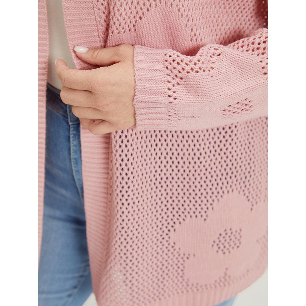 Plus Size Floral Graphic Eyelet Open Front Cardigan Pink Women Casual Loose Long Sleeve Dailywear Cardigans BloomChic 28/5X Product Image