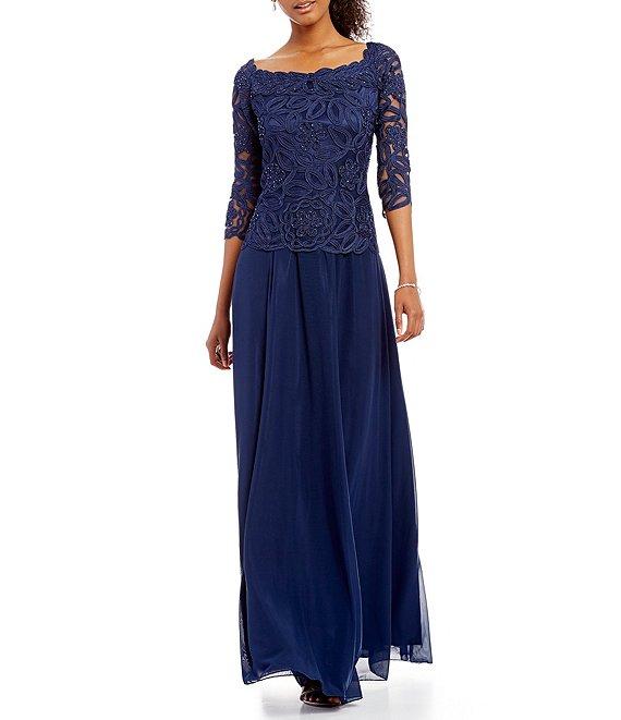 Soulmates Embroidered Floral Lace Bodice 3/4 Sleeve Square Neck Gown Product Image