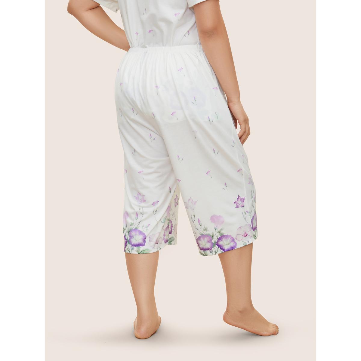 Plus Size Floral Pleated Button Detail Loungewear Set Women White Contrast Short sleeve Round Neck Lounge Loungewear Sets BloomChic 10/M Product Image