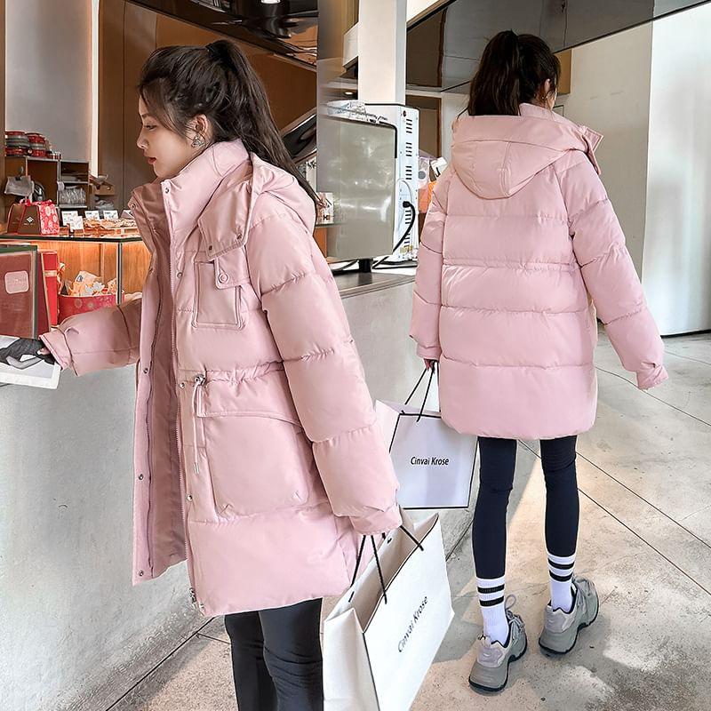 Stand Collar Plain Hood Zip Puffer Jacket Product Image