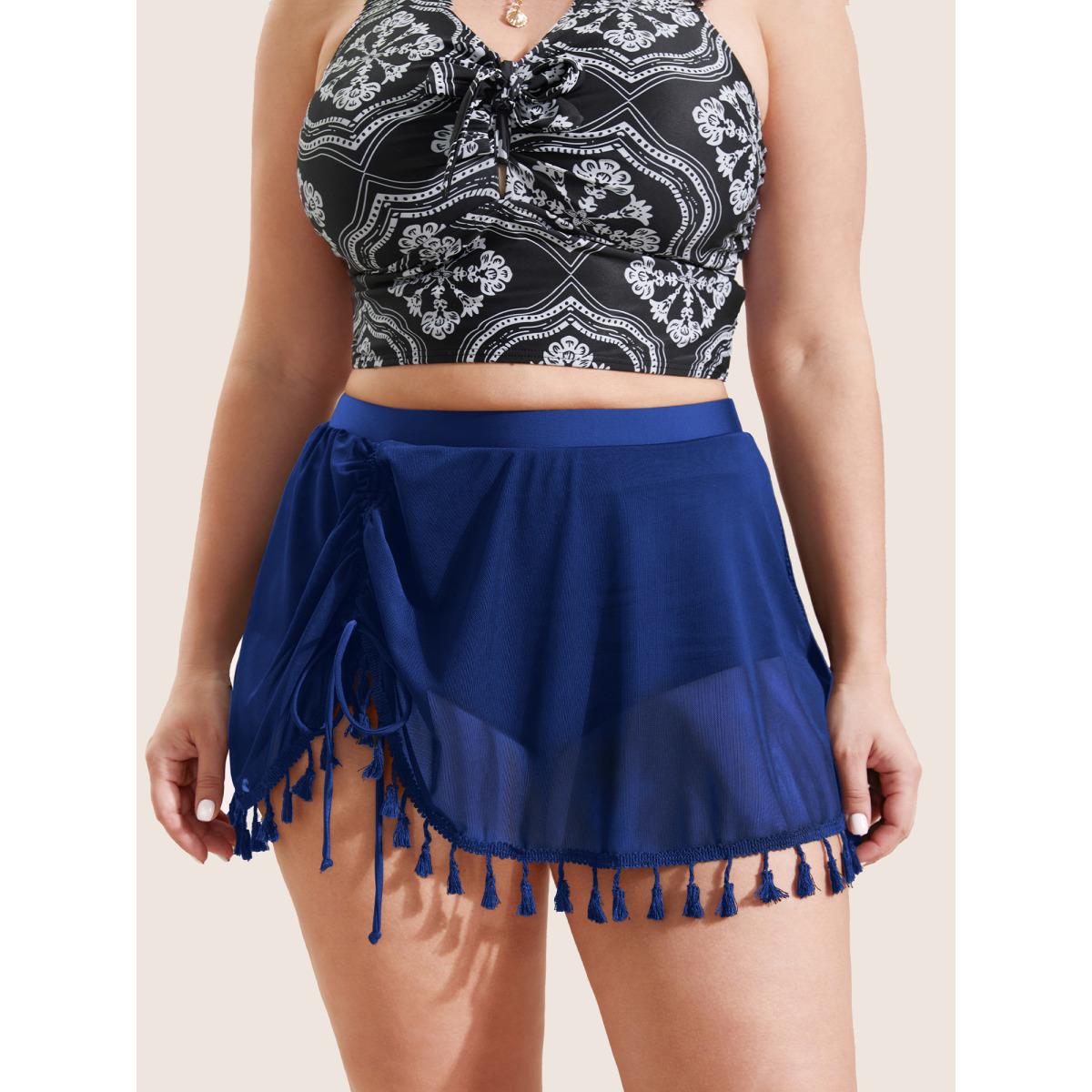 Plus Size Plain Tassel Trim Elastic Waist Swim Bottom Women's Swimwear Navy Resort Gathered High stretch Bodycon High Rise Curve Swim Bottoms BloomChic 22-24/3X Product Image