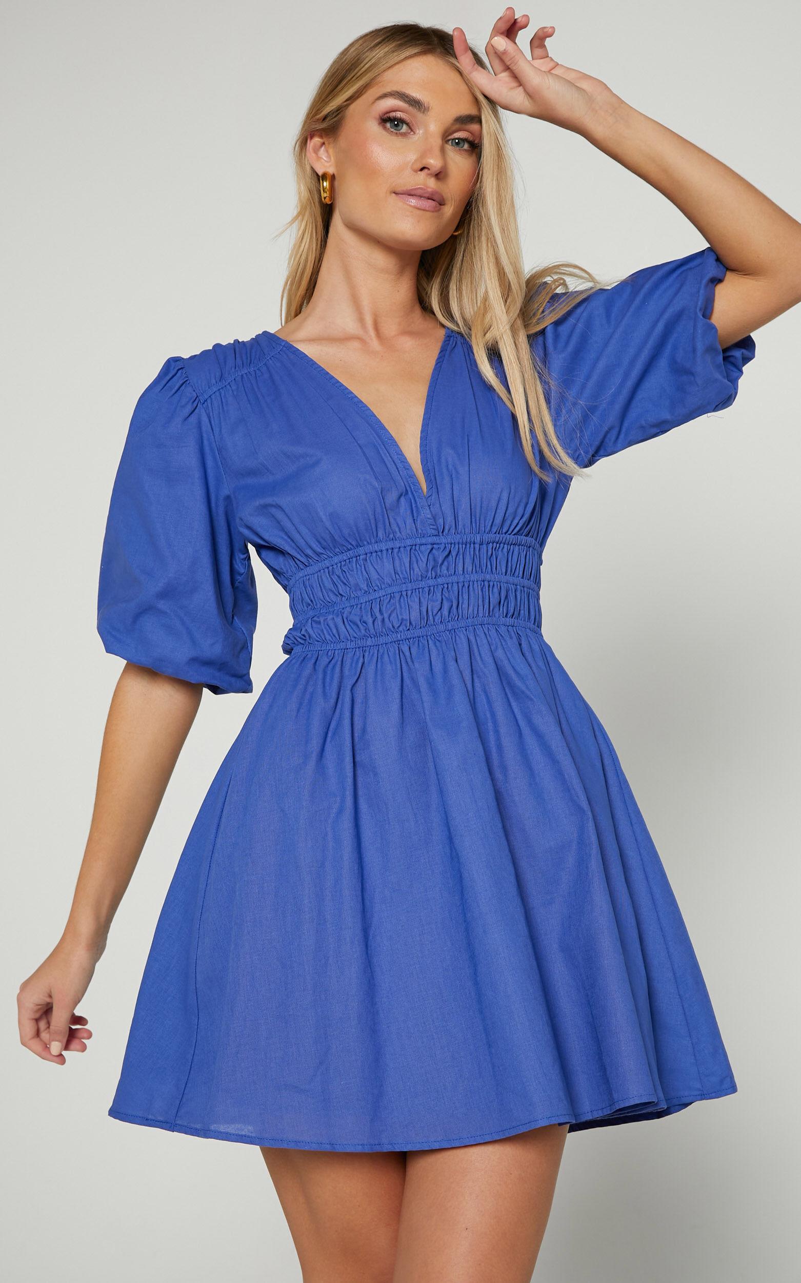 Francesca V Neck Puff Sleeves Mini Dress in Cornflower Blue Product Image