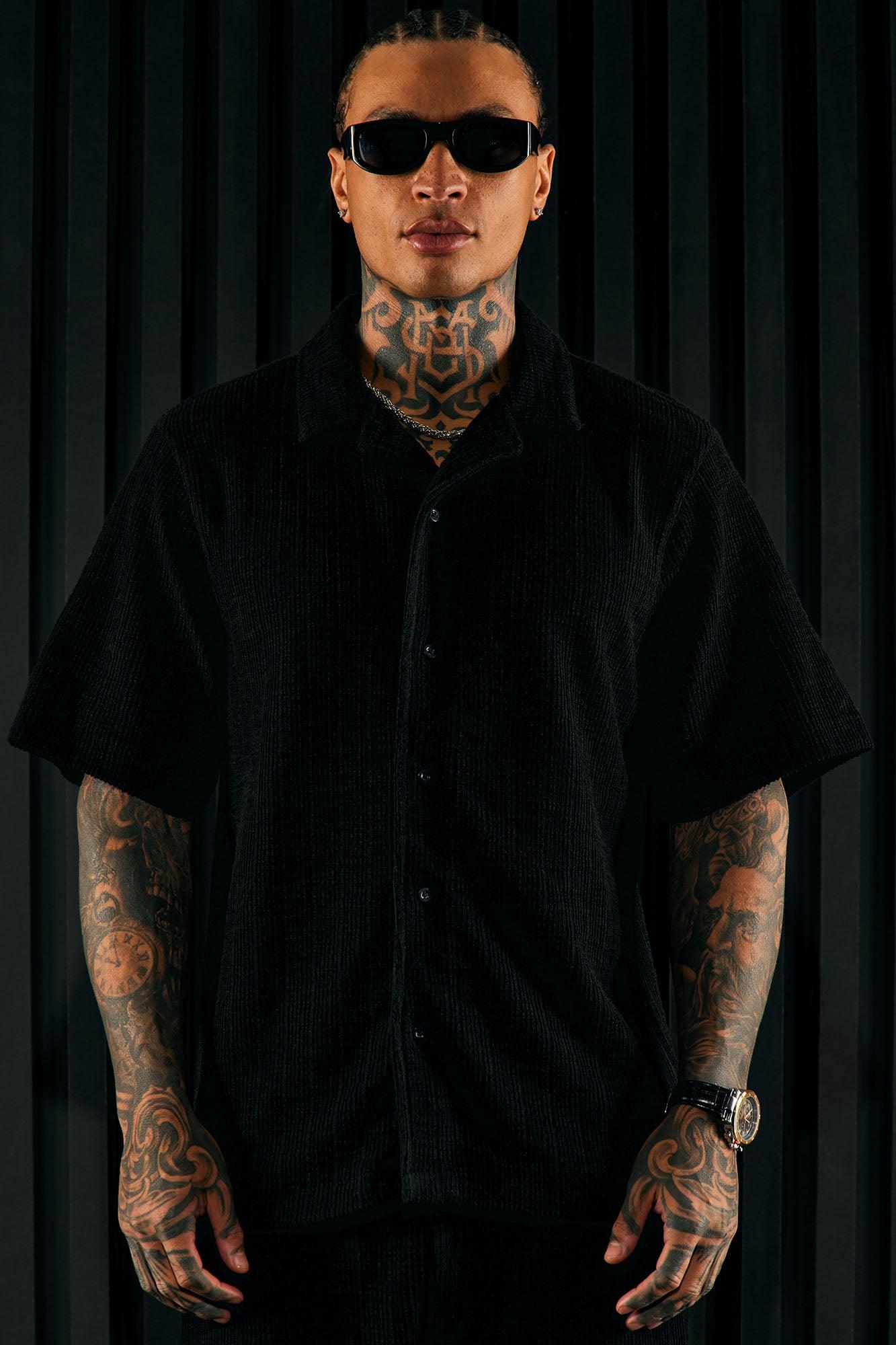 Dean Textured Short Sleeve Button Up Shirt - Black Product Image