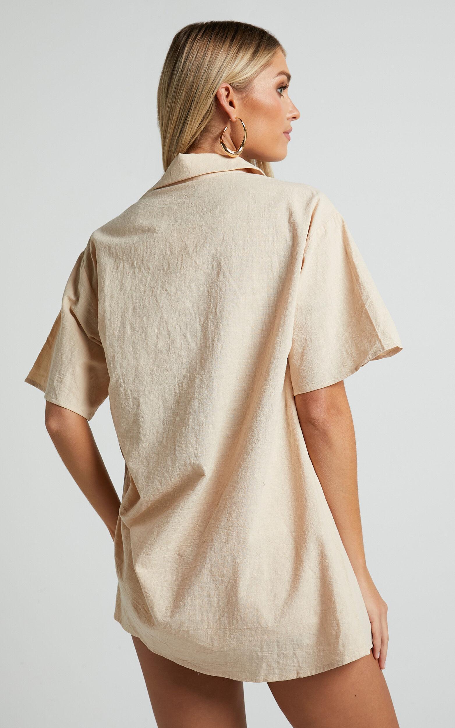 Vina Del Mar Two Piece Set - Linen Look Shirt and Shorts Set in Oatmeal Product Image