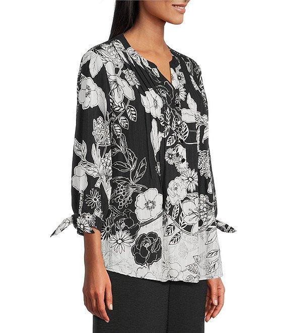 Allison Daley Floral Slope Border Print 3/4 Sleeve Y-Neck Blouse Product Image
