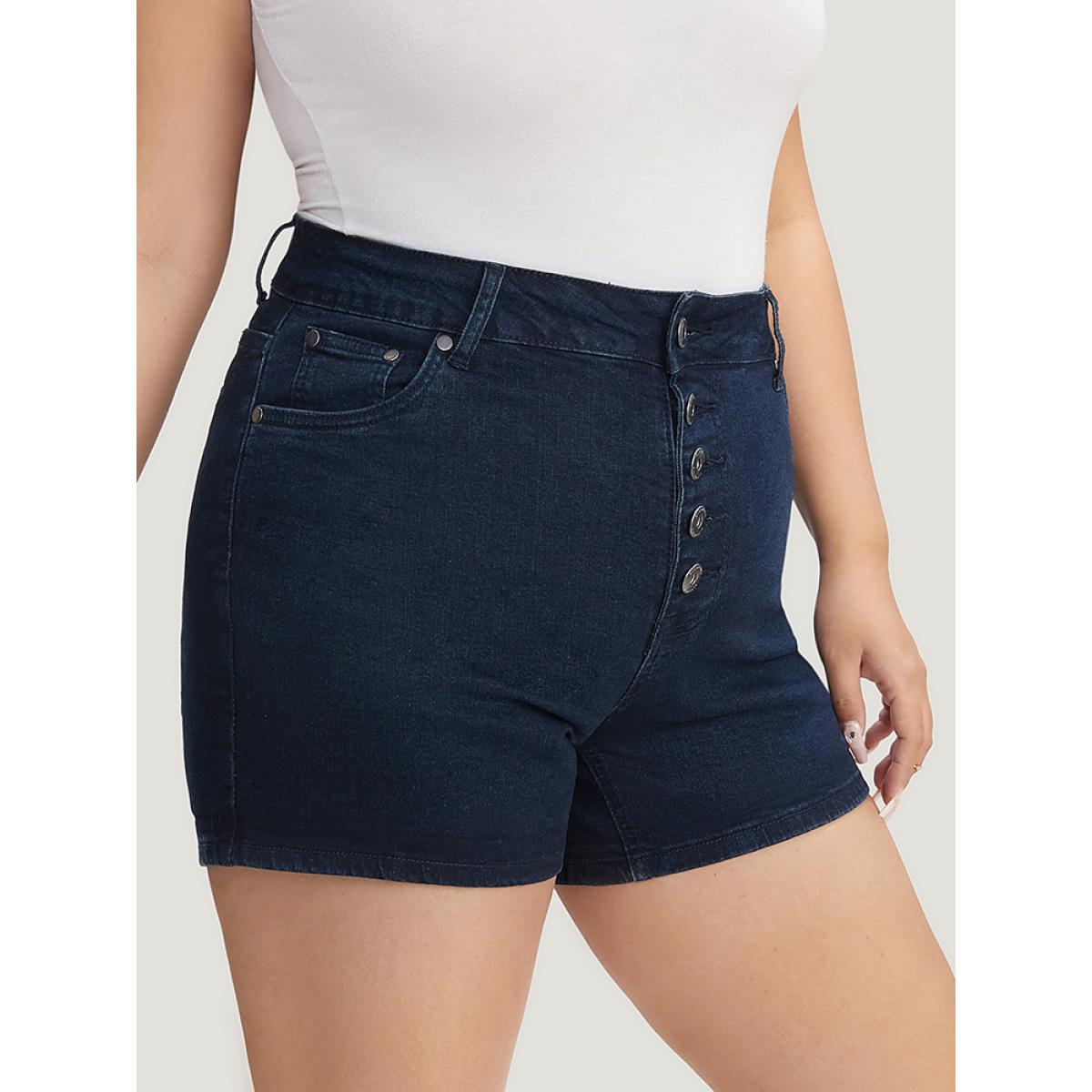 Plus Size Slightly Stretchy High Rise Dark Wash Single Breasted Denim Shorts Women DarkBlue Casual Plain Button Low stretch Pocket Jeans BloomChic 26/4X Product Image