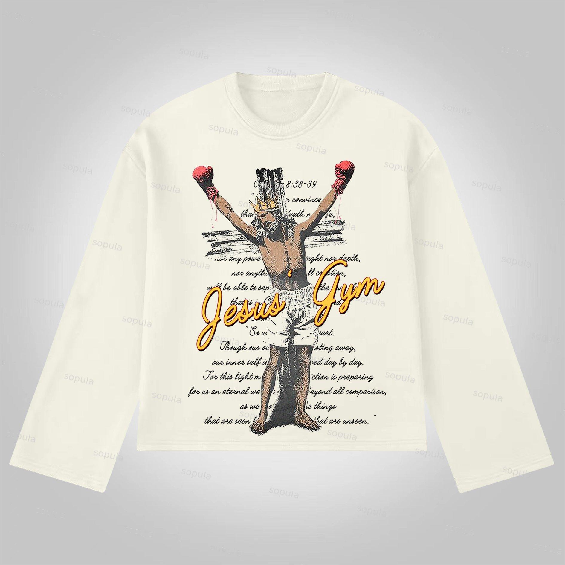 Sopula Vintage Jesus' Gym Bible Graphic Print Cotton Long Sleeve T-Shirt Product Image