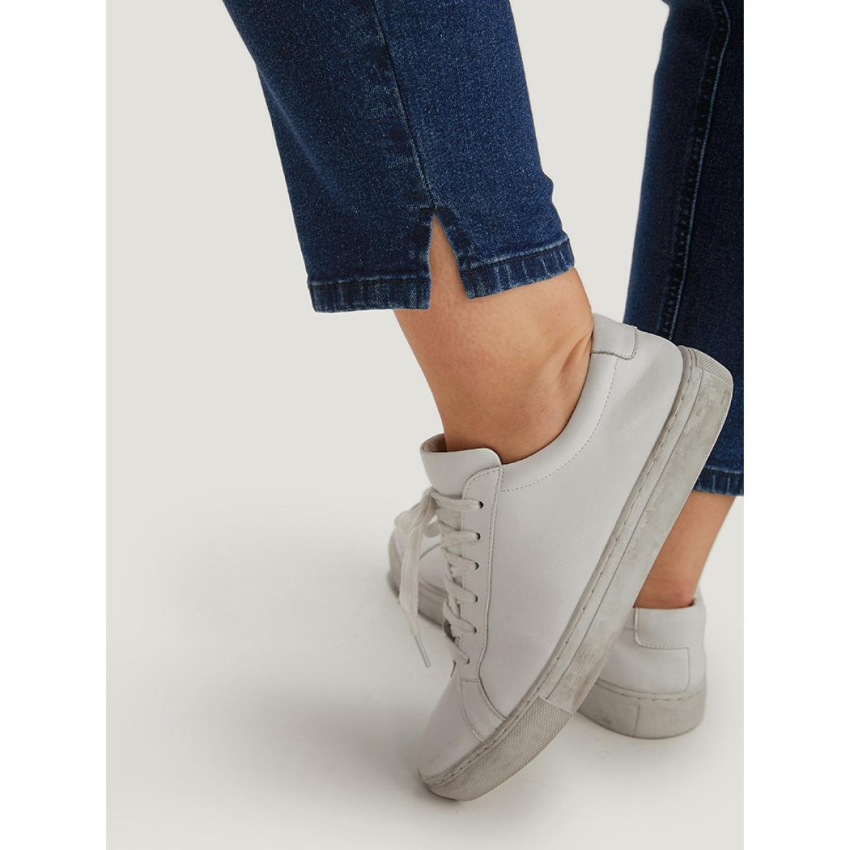 Plus Size Plain Split Side Very Stretchy Zipper Fly Jeans Women DarkBlue Casual Plain Plain High stretch Pocket Jeans BloomChic 18/2X Product Image