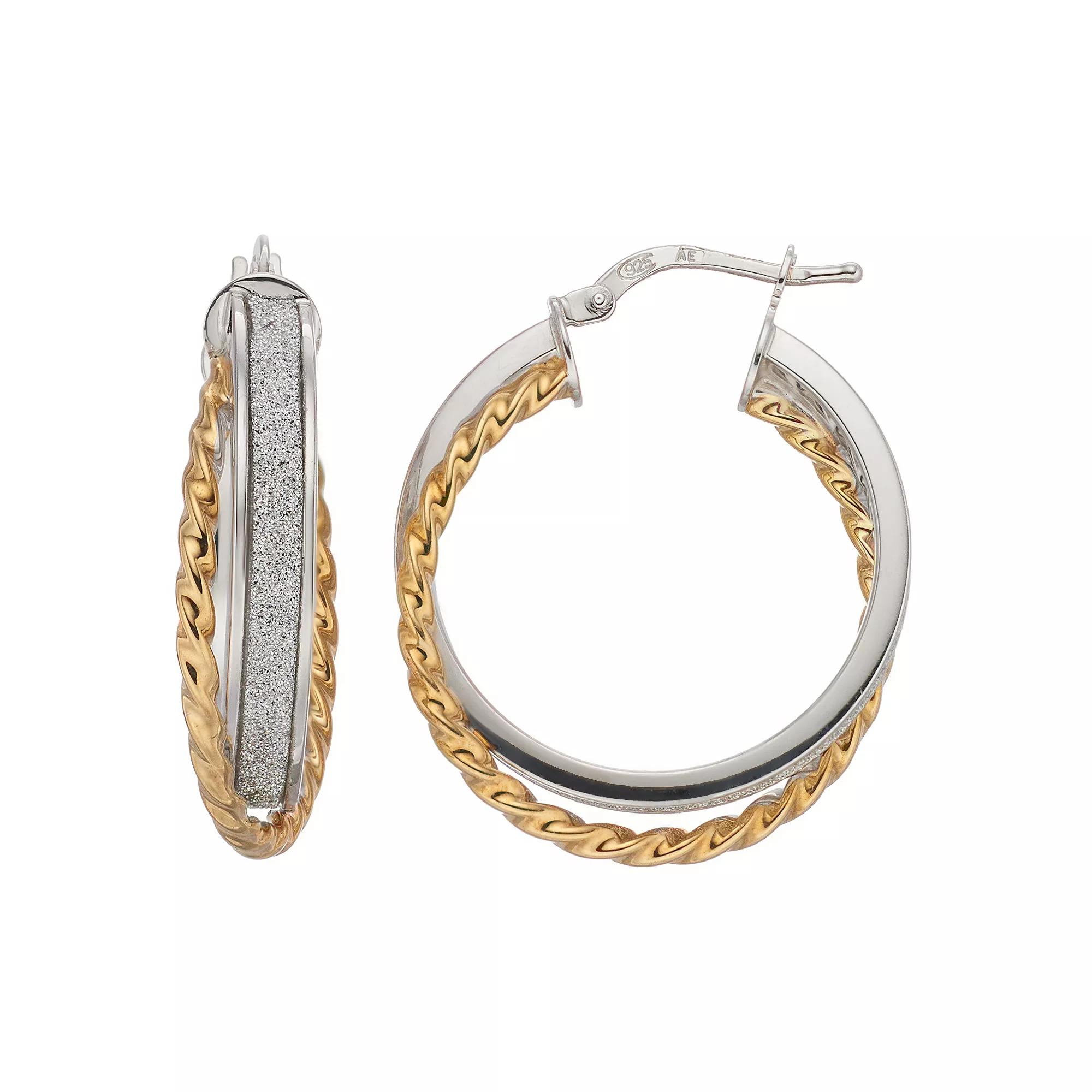 Two Tone Sterling Silver Twisted Rope Glitter Hoop Earrings, Women's Product Image