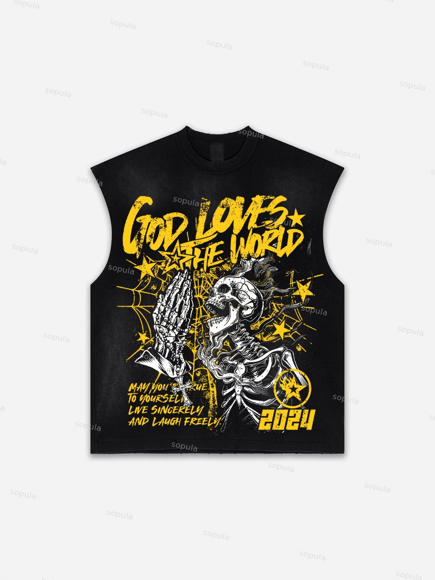 Men's Washed Street God Loves The World Graphic Tank Top Product Image