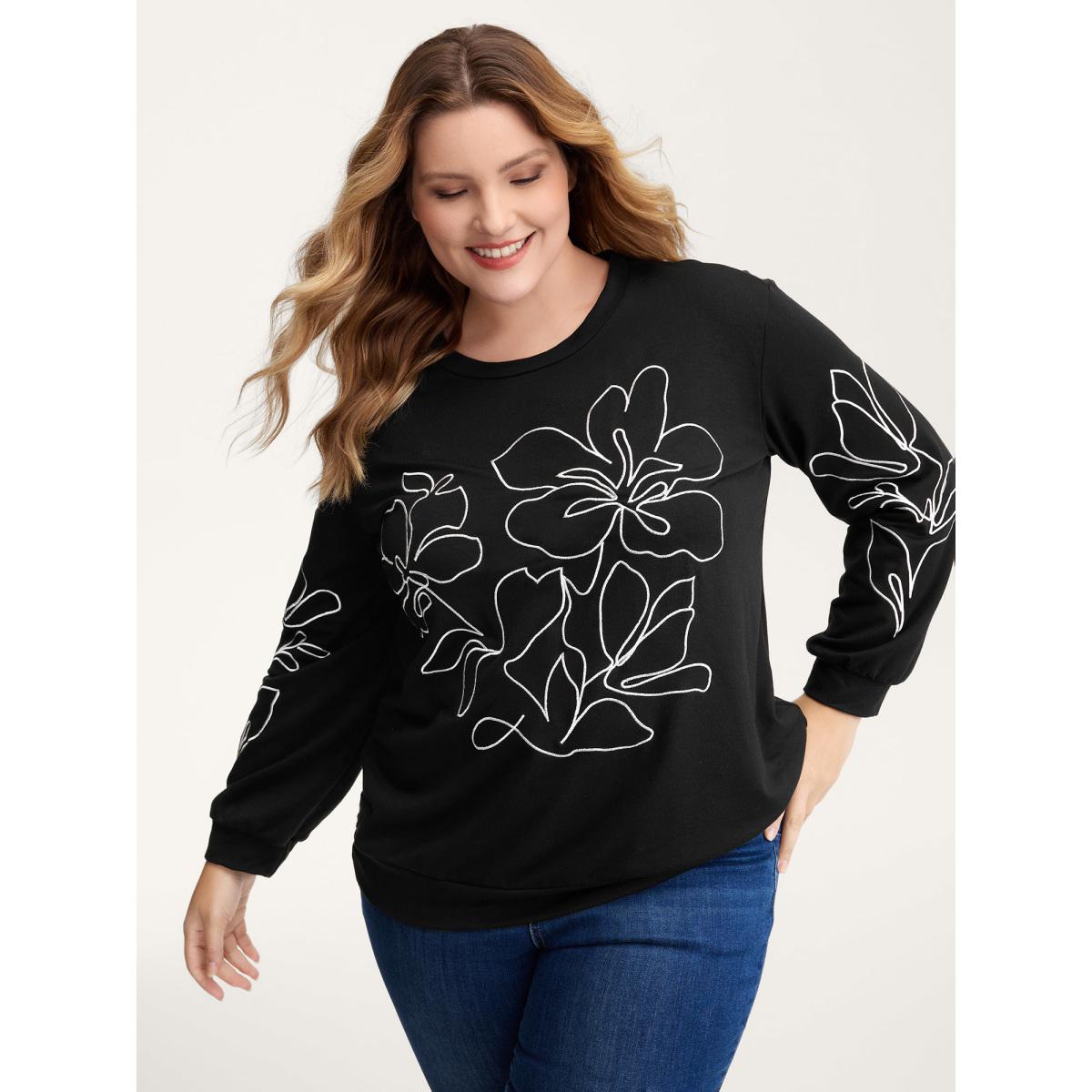 Plus Size Floral Embroidery Relaxed Fit Sweatshirt Women Black Leisure Round Neck Casual Sweatshirts BloomChic 22-24/3X Product Image