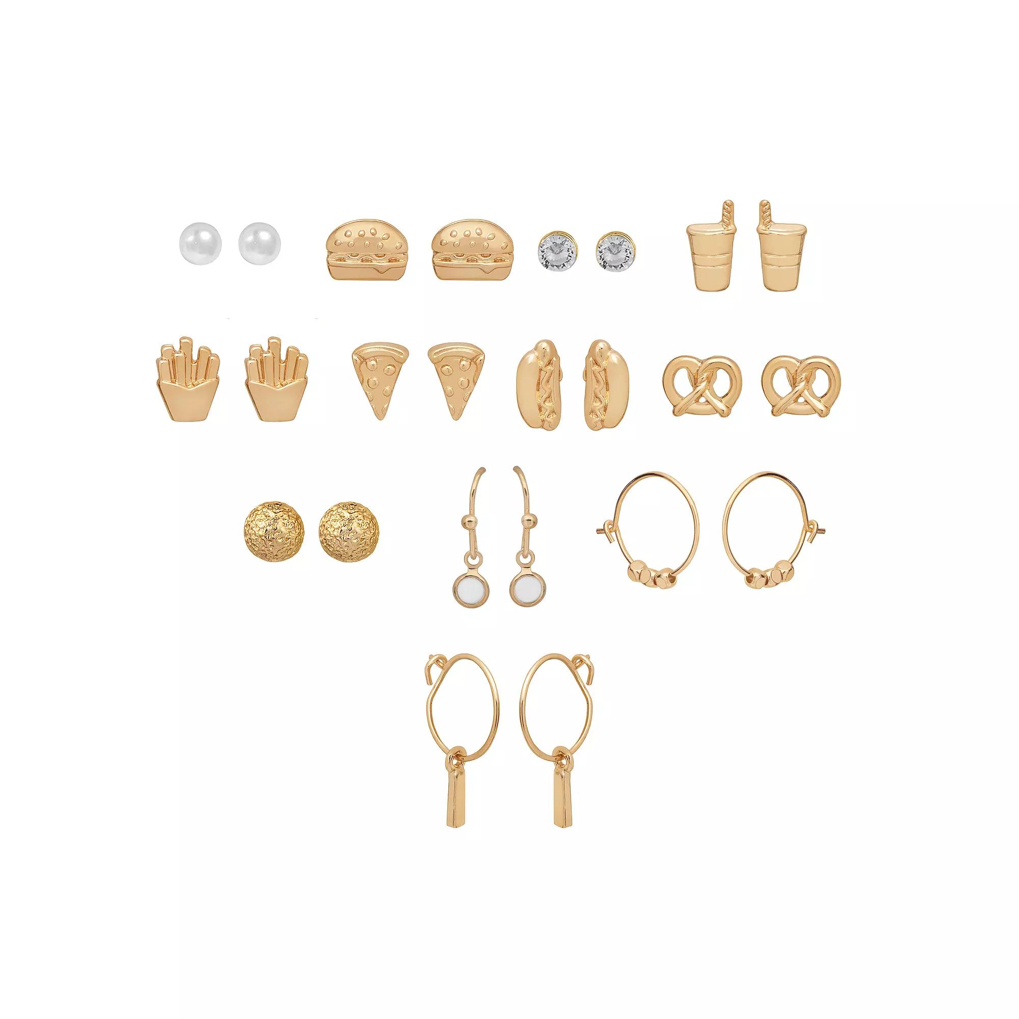 LC Lauren Conrad Gold Tone Crystal & Simulated Pearl Snack Earrings 12-pack Set, Women's, White Product Image