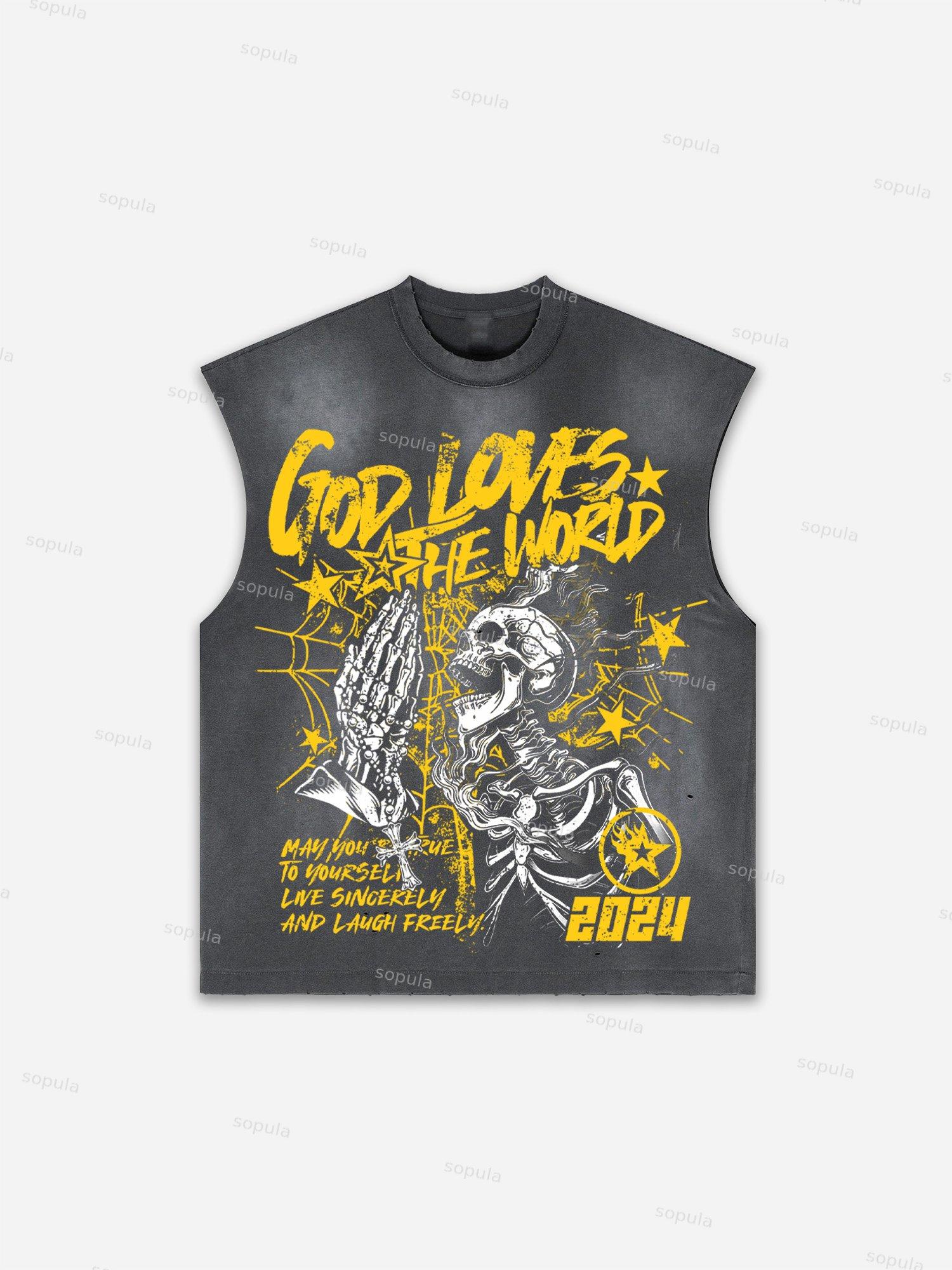 Men's Washed Street God Loves The World Graphic Tank Top Product Image